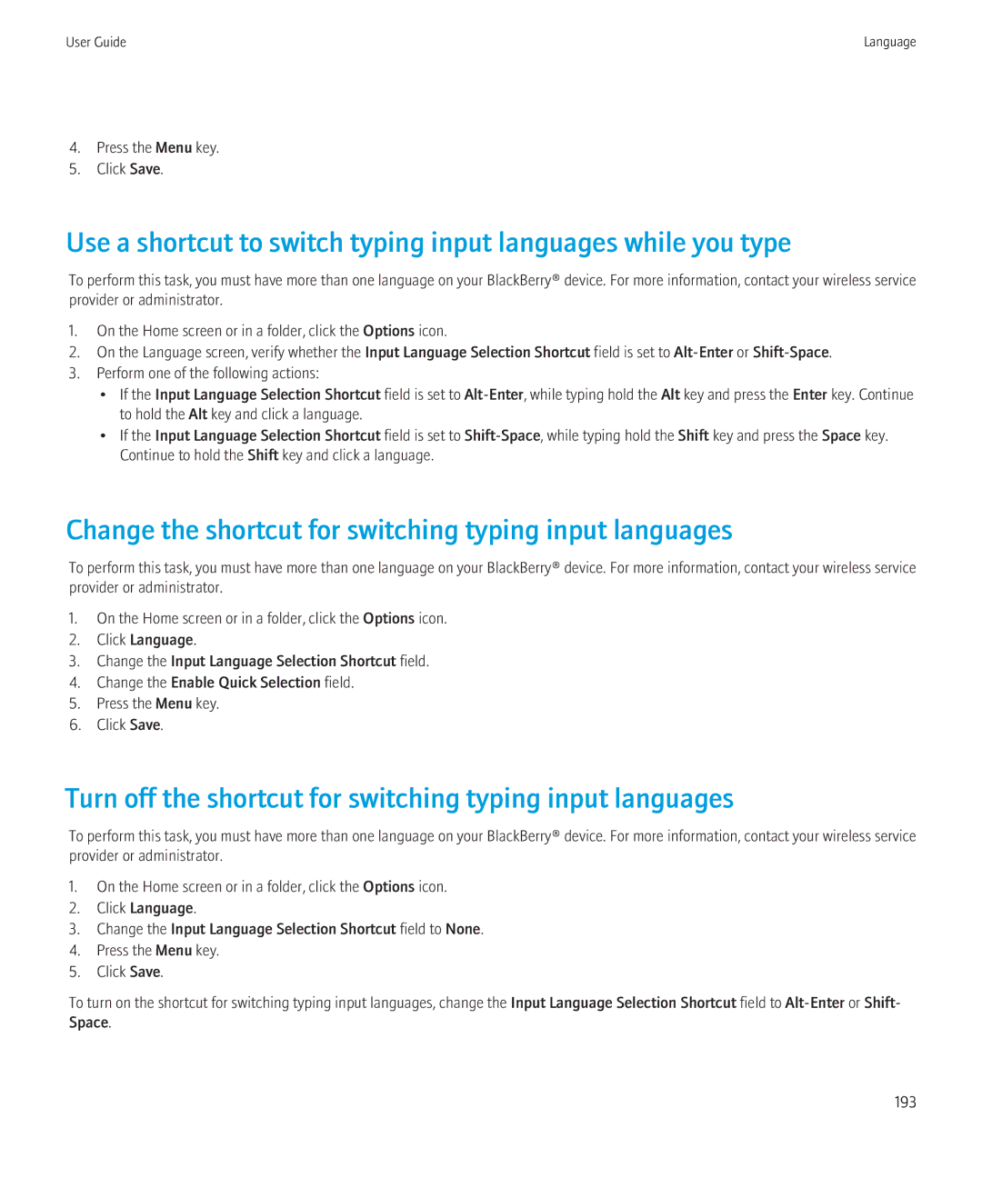 Blackberry 8910, 8900 manual Change the shortcut for switching typing input languages 