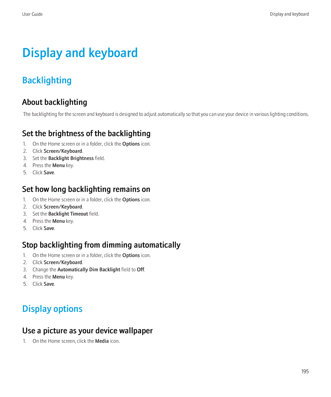 Blackberry 8910, 8900 manual Display and keyboard, Backlighting, Display options 