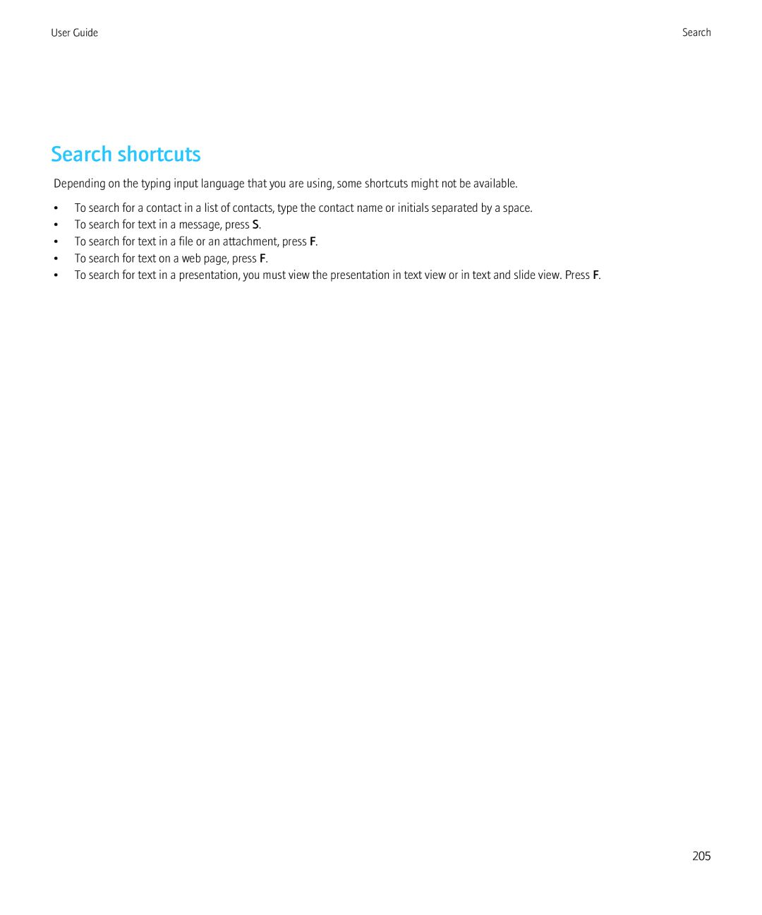 Blackberry 8910, 8900 manual Search shortcuts 