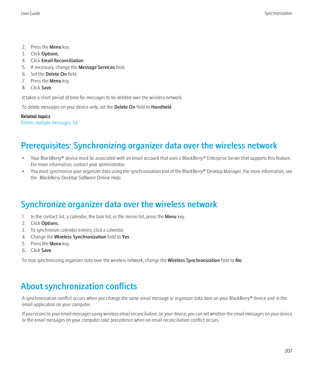 Blackberry 8910, 8900 manual Synchronize organizer data over the wireless network, About synchronization conflicts 