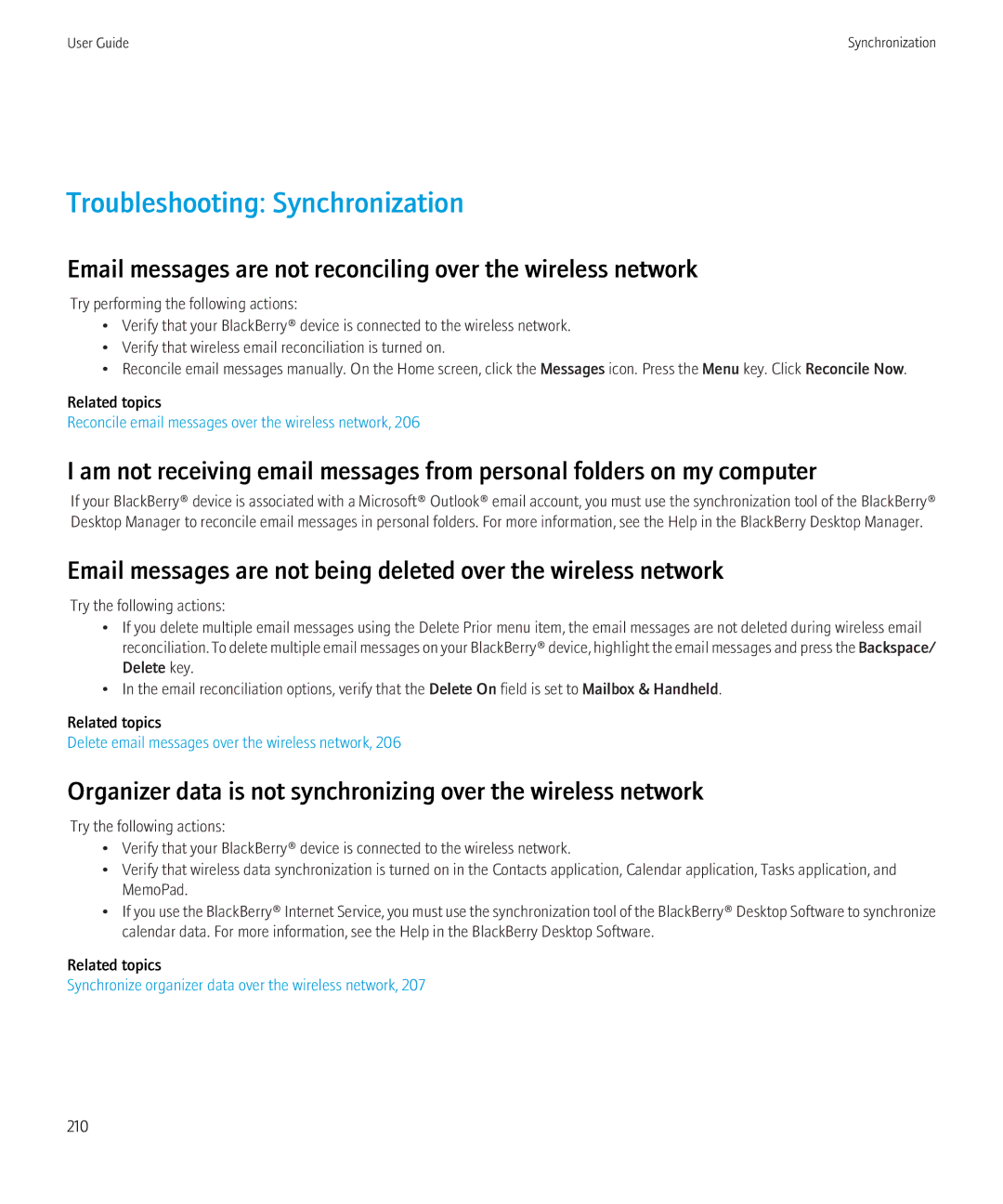 Blackberry 8900, 8910 manual Troubleshooting Synchronization, Email messages are not reconciling over the wireless network 