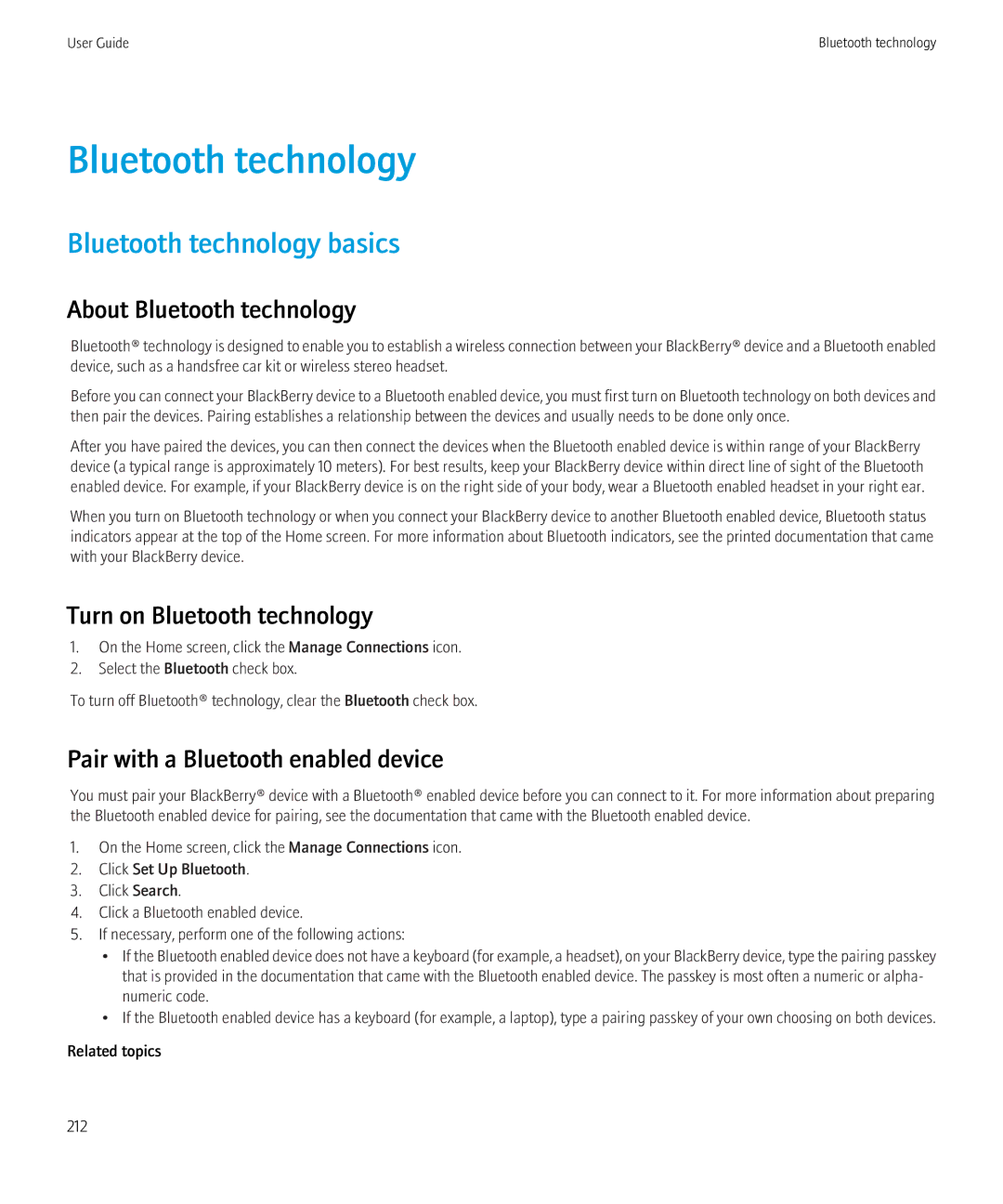 Blackberry 8900, 8910 manual Bluetooth technology basics, About Bluetooth technology, Turn on Bluetooth technology 