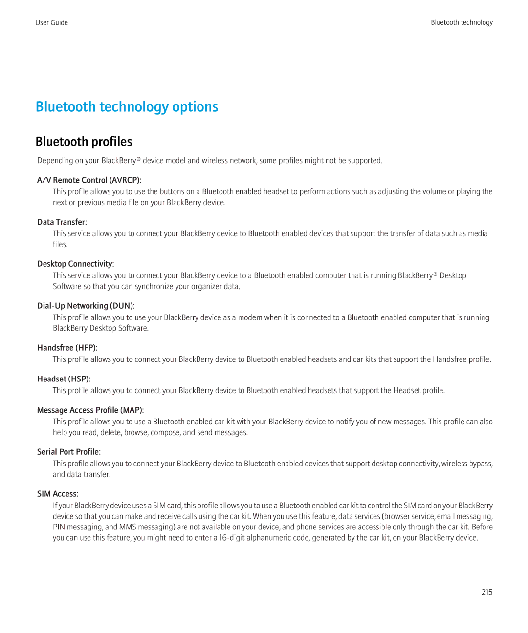 Blackberry 8910, 8900 manual Bluetooth technology options, Bluetooth profiles 