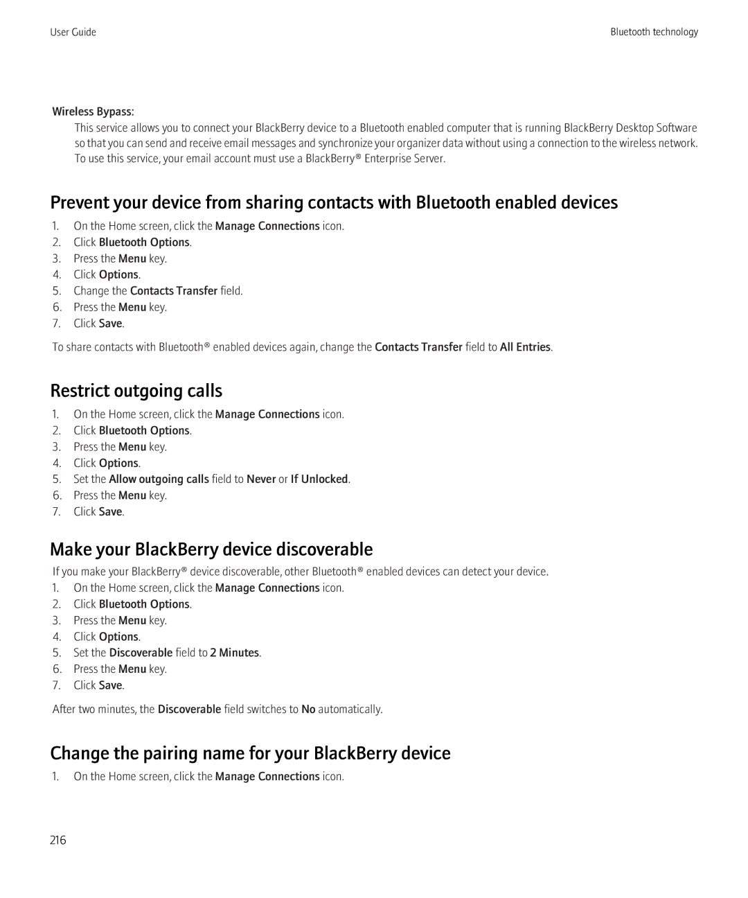 Blackberry 8900, 8910 manual Restrict outgoing calls, Make your BlackBerry device discoverable 