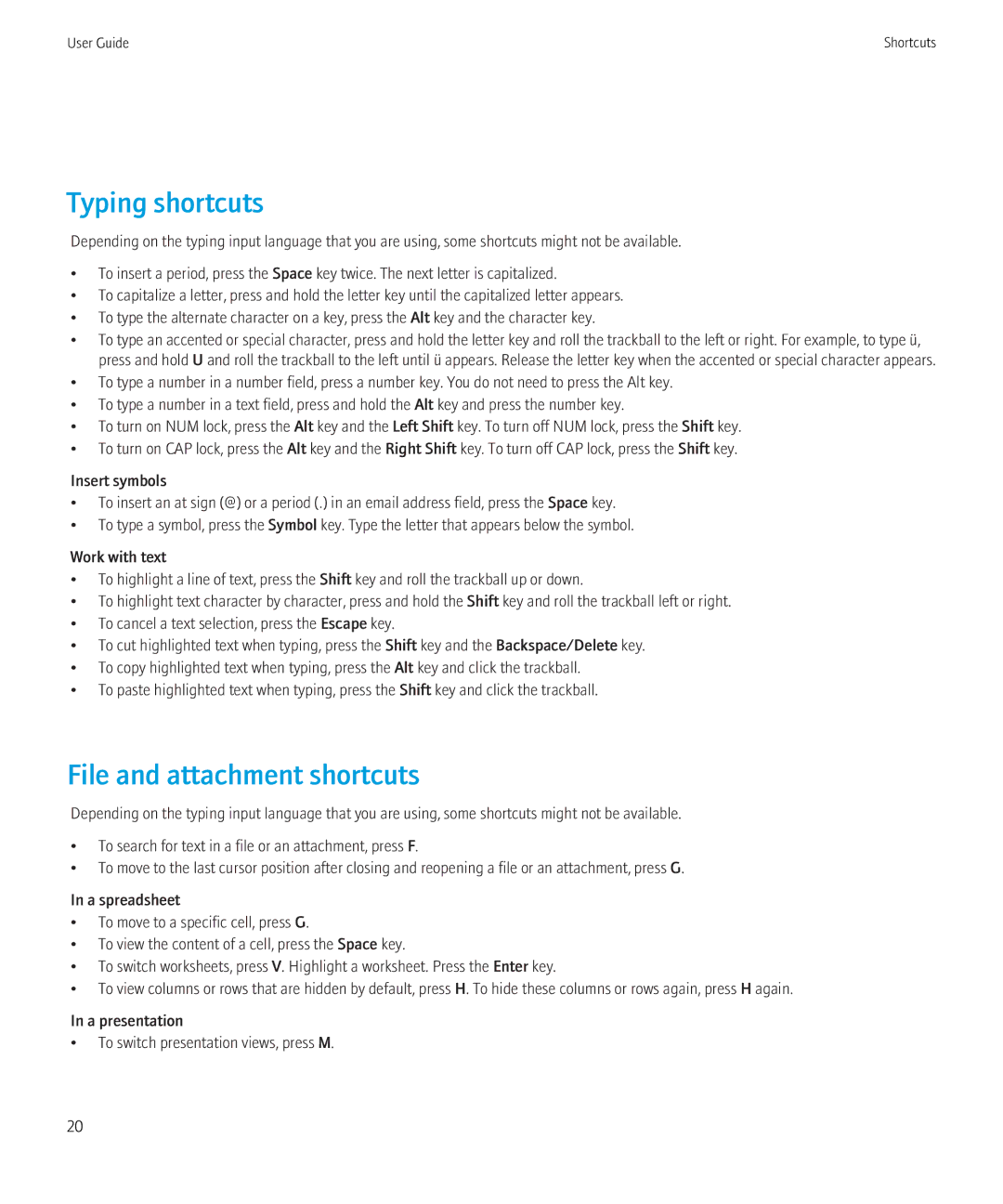 Blackberry 8900, 8910 manual Typing shortcuts, File and attachment shortcuts 