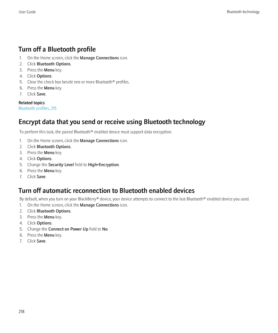 Blackberry 8900, 8910 manual Turn off a Bluetooth profile, Turn off automatic reconnection to Bluetooth enabled devices 