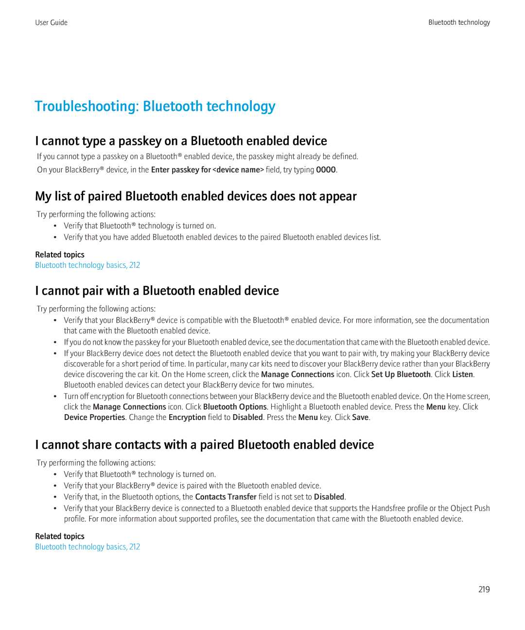 Blackberry 8910, 8900 manual Troubleshooting Bluetooth technology, Cannot type a passkey on a Bluetooth enabled device 