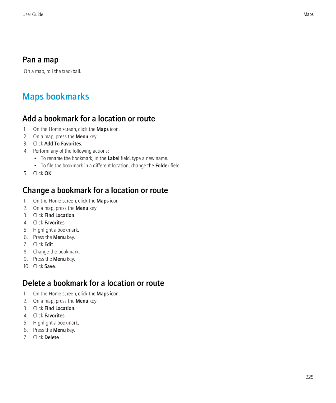 Blackberry 8910, 8900 manual Maps bookmarks, Pan a map, Add a bookmark for a location or route 