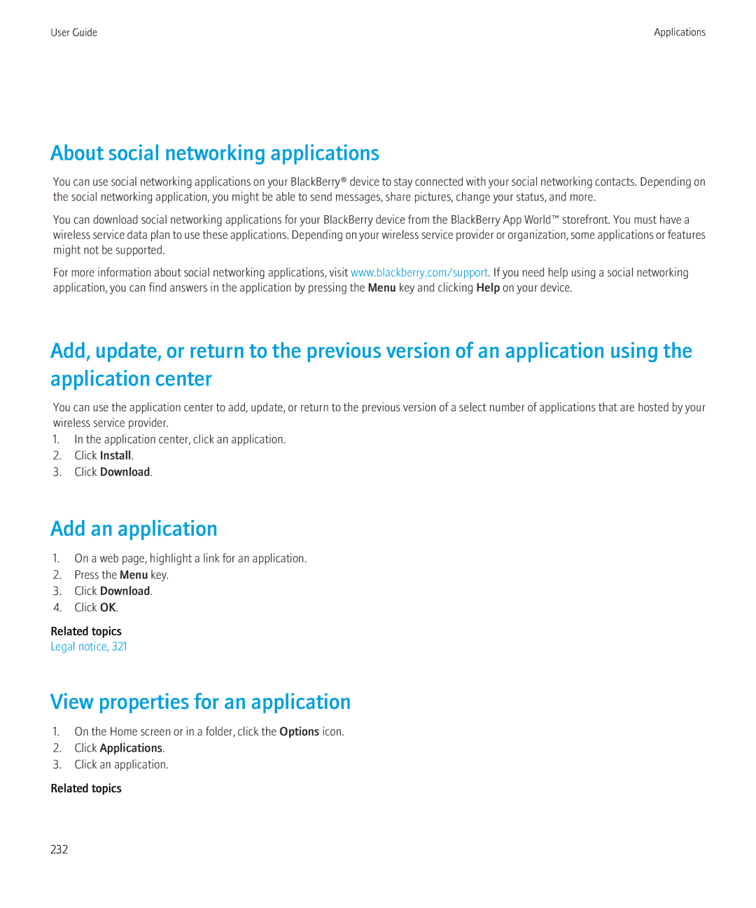 Blackberry 8900, 8910 manual About social networking applications, Add an application, View properties for an application 