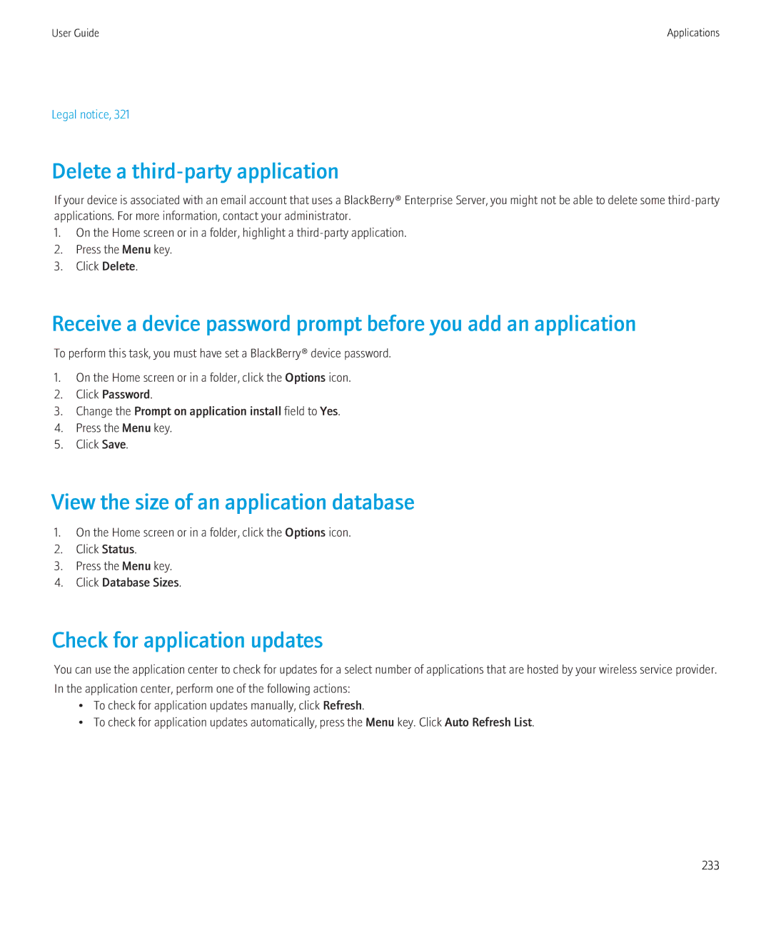 Blackberry 8910 Delete a third-party application, View the size of an application database, Check for application updates 