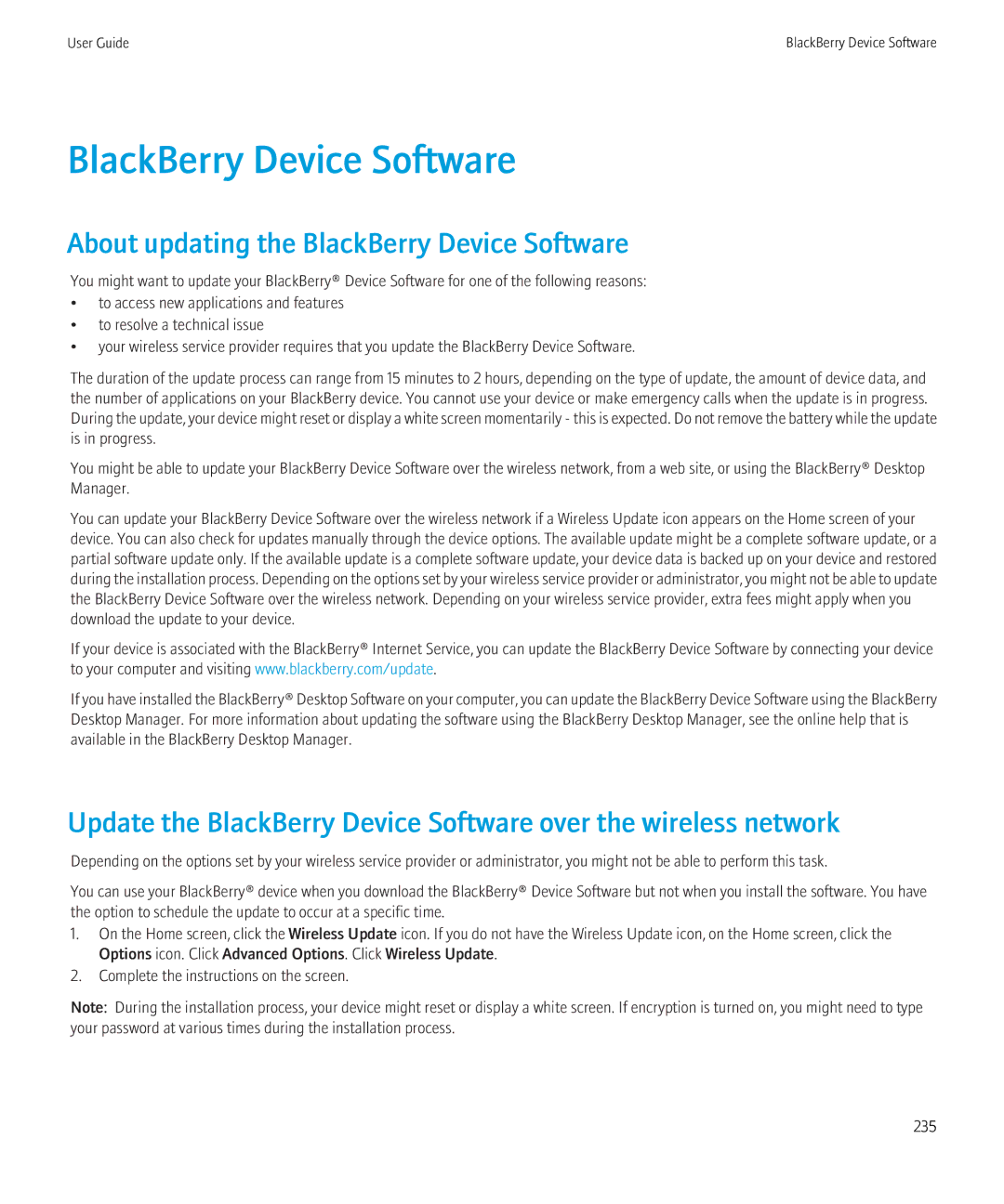 Blackberry 8910, 8900 manual About updating the BlackBerry Device Software 