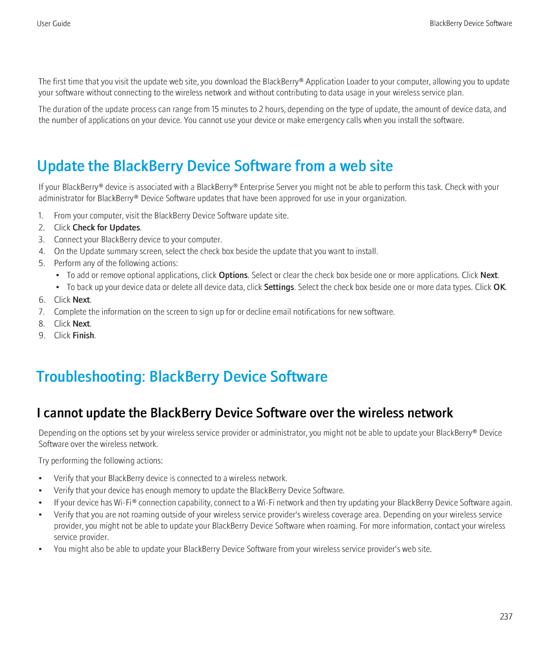 Blackberry 8910, 8900 Update the BlackBerry Device Software from a web site, Troubleshooting BlackBerry Device Software 