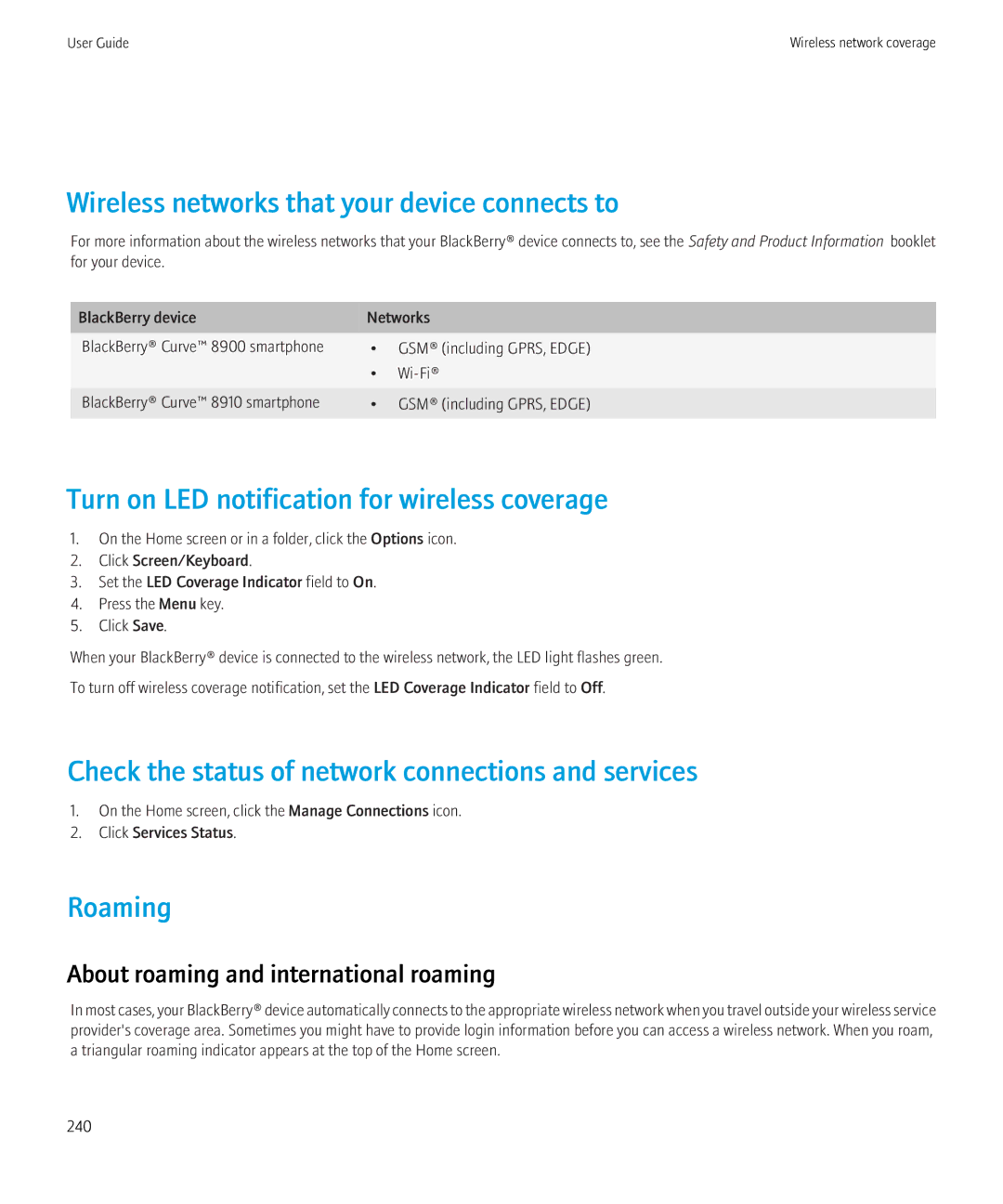 Blackberry 8900 Wireless networks that your device connects to, Turn on LED notification for wireless coverage, Roaming 