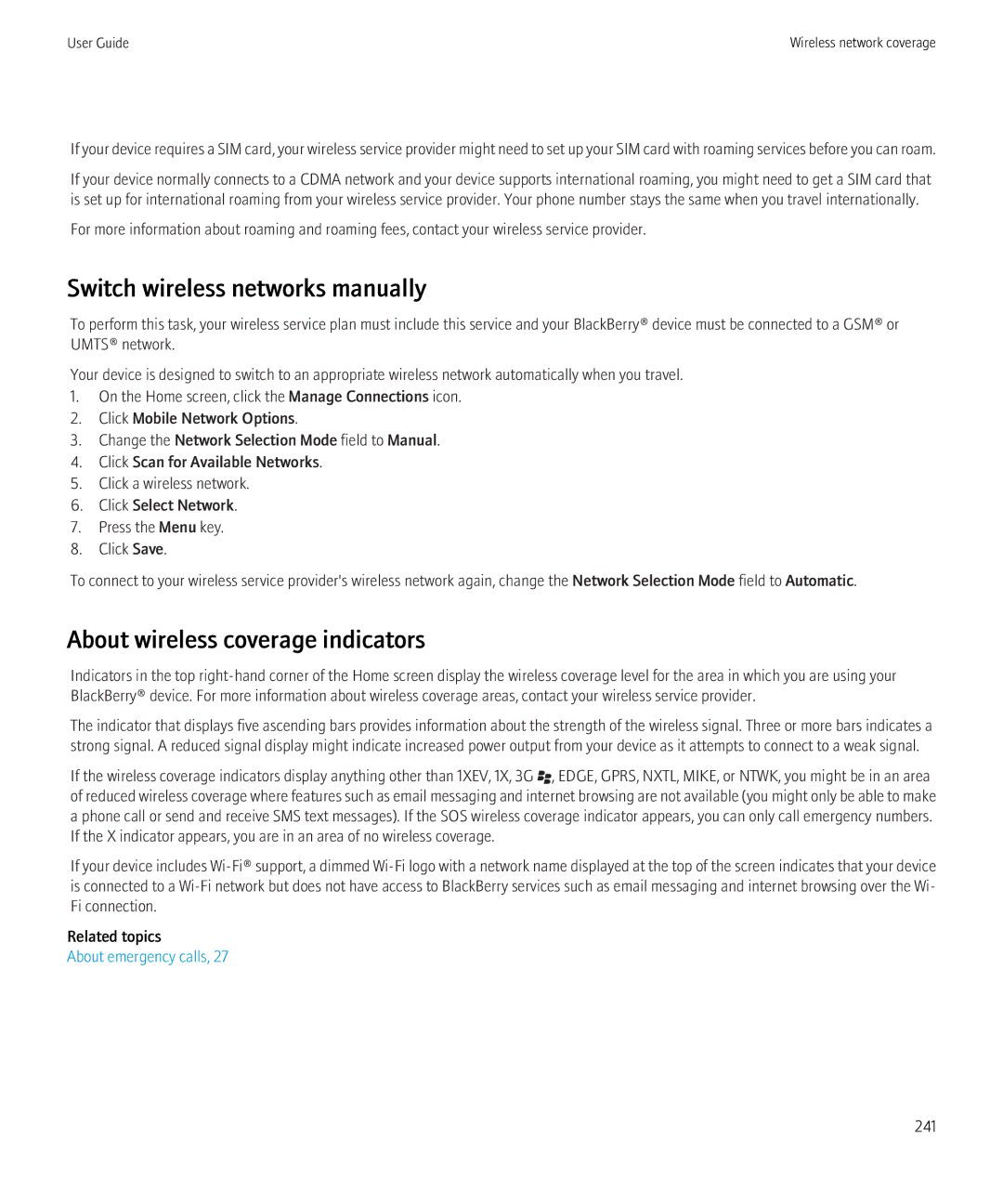 Blackberry 8910, 8900 Switch wireless networks manually, About wireless coverage indicators 