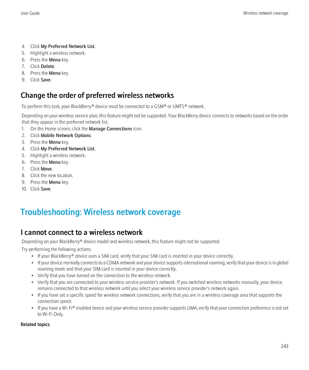 Blackberry 8910, 8900 manual Troubleshooting Wireless network coverage, Change the order of preferred wireless networks 