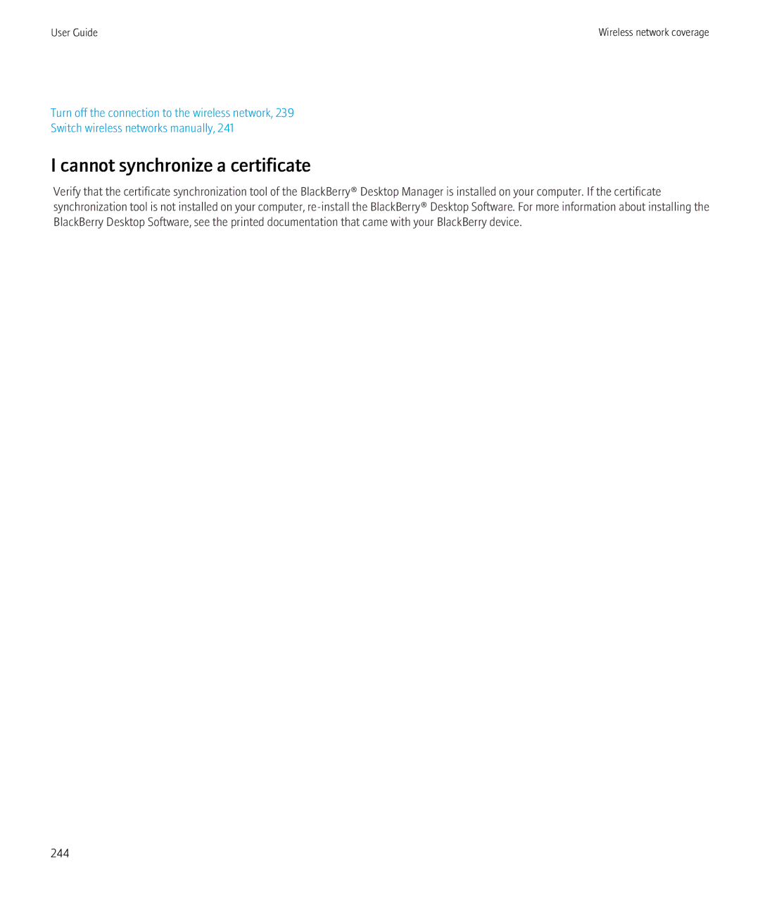 Blackberry 8900, 8910 manual Cannot synchronize a certificate 