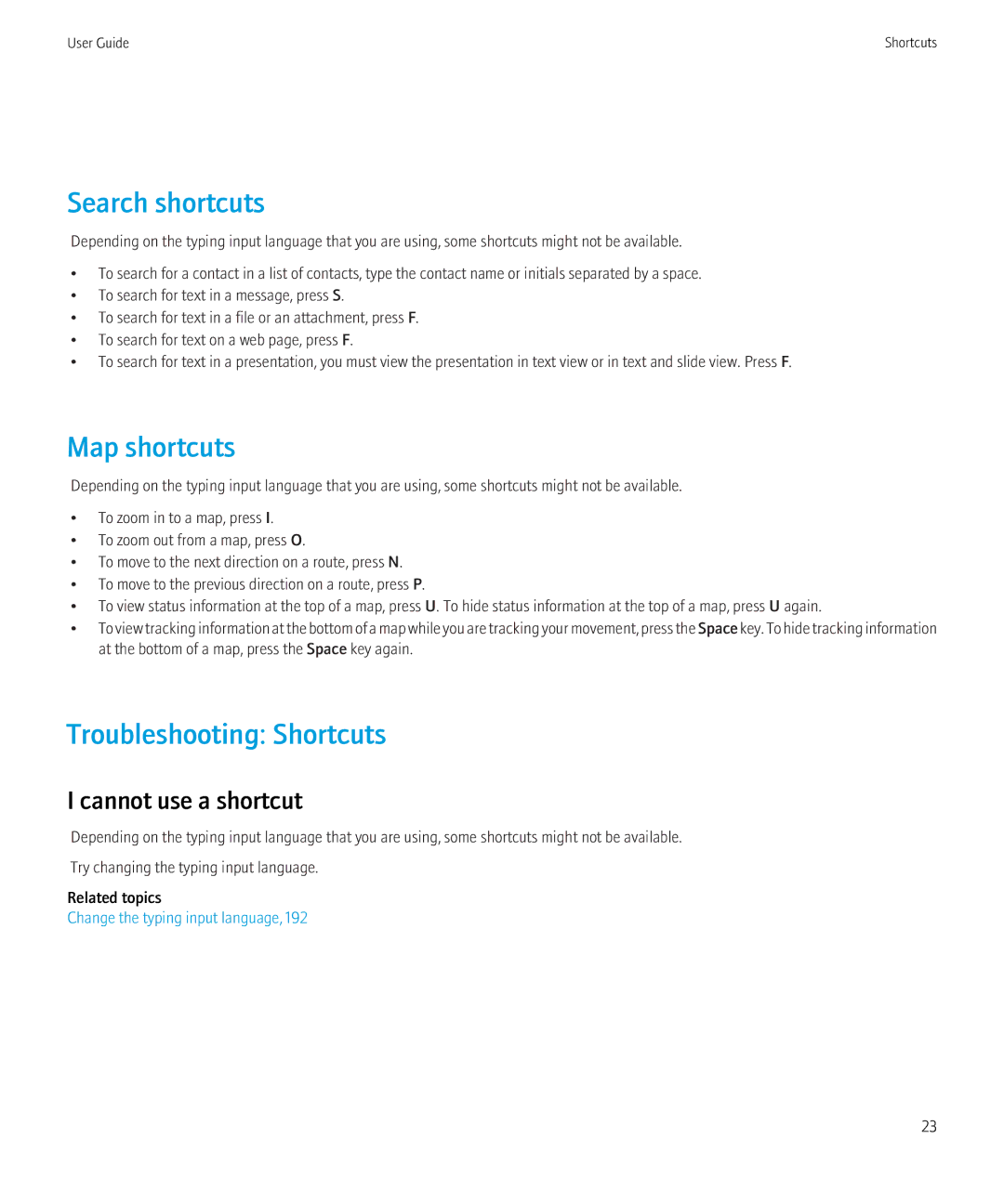 Blackberry 8910, 8900 manual Search shortcuts, Map shortcuts, Troubleshooting Shortcuts, Cannot use a shortcut 