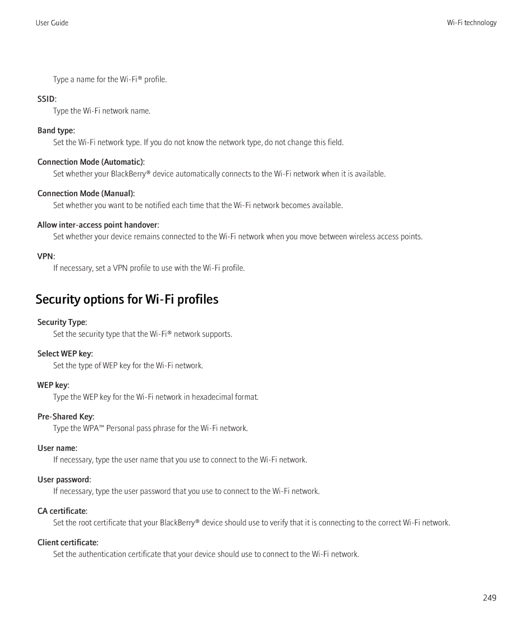 Blackberry 8910, 8900 manual Security options for Wi-Fi profiles, Ssid 