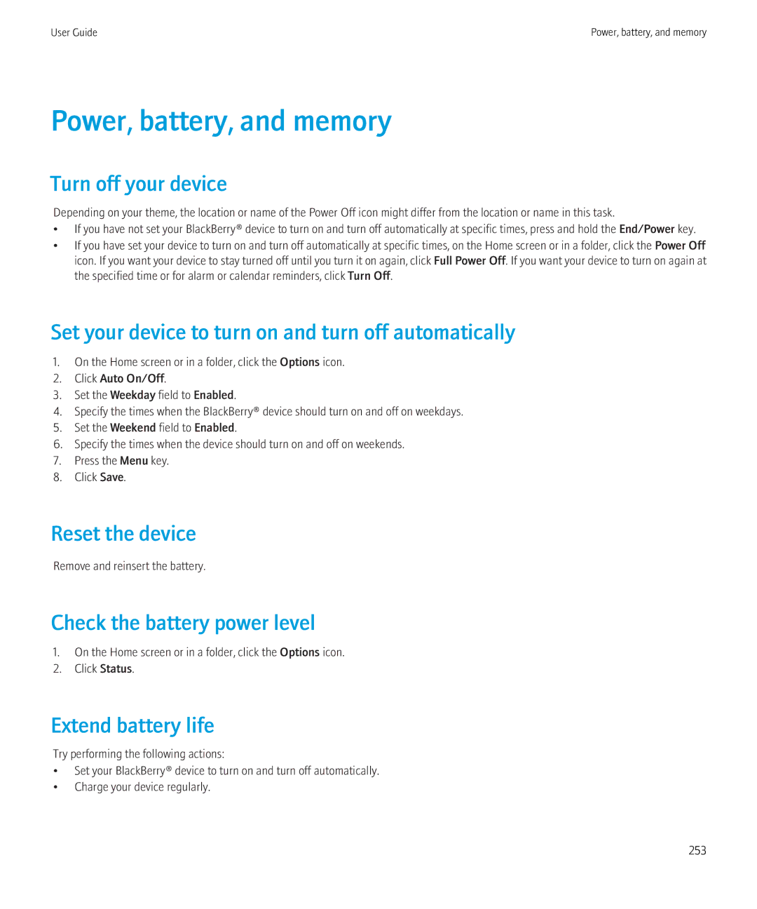 Blackberry 8910, 8900 manual Power, battery, and memory 