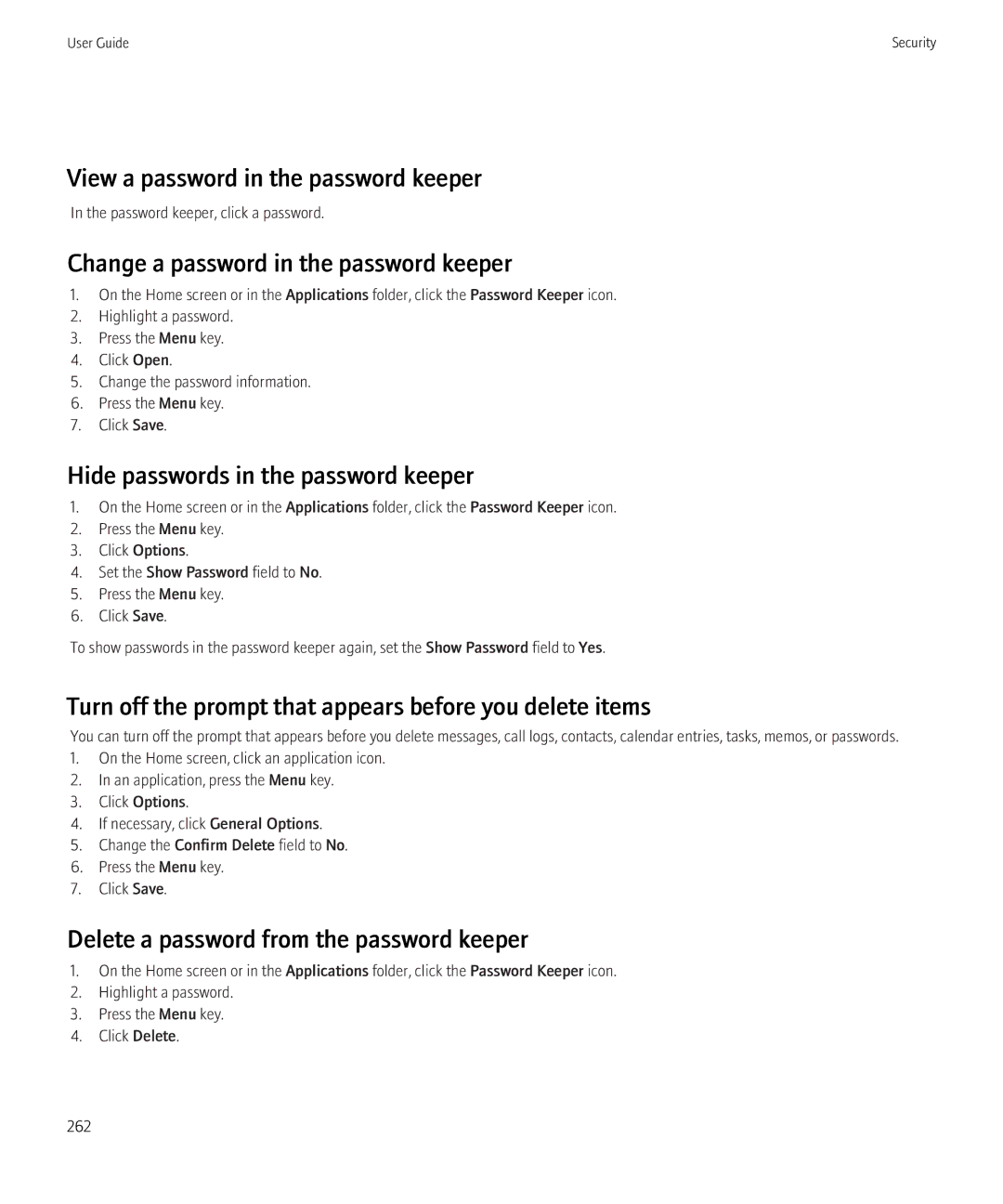 Blackberry 8900, 8910 manual View a password in the password keeper, Change a password in the password keeper 