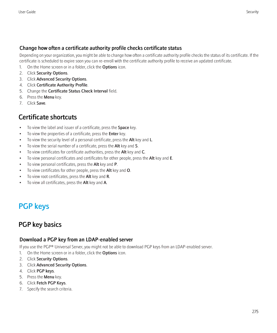 Blackberry 8910, 8900 manual PGP keys, Certificate shortcuts, PGP key basics, Download a PGP key from an LDAP-enabled server 