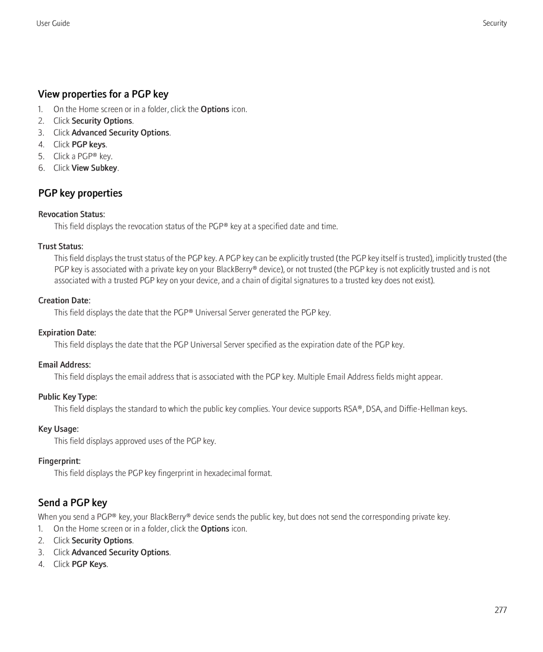 Blackberry 8910, 8900 manual View properties for a PGP key, PGP key properties, Send a PGP key 