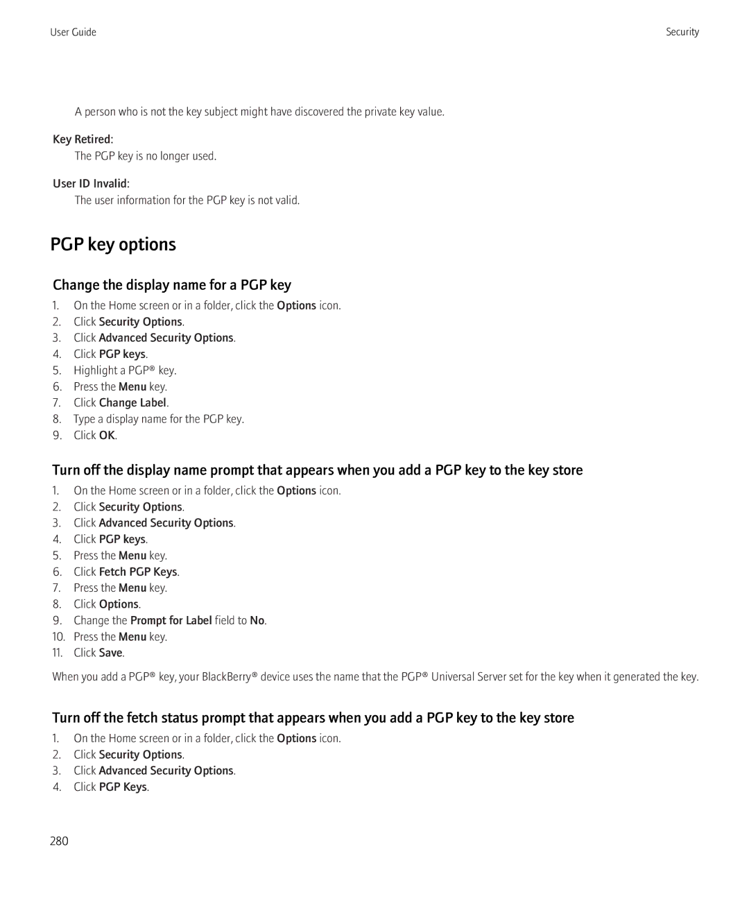 Blackberry 8900, 8910 manual PGP key options, Change the display name for a PGP key 