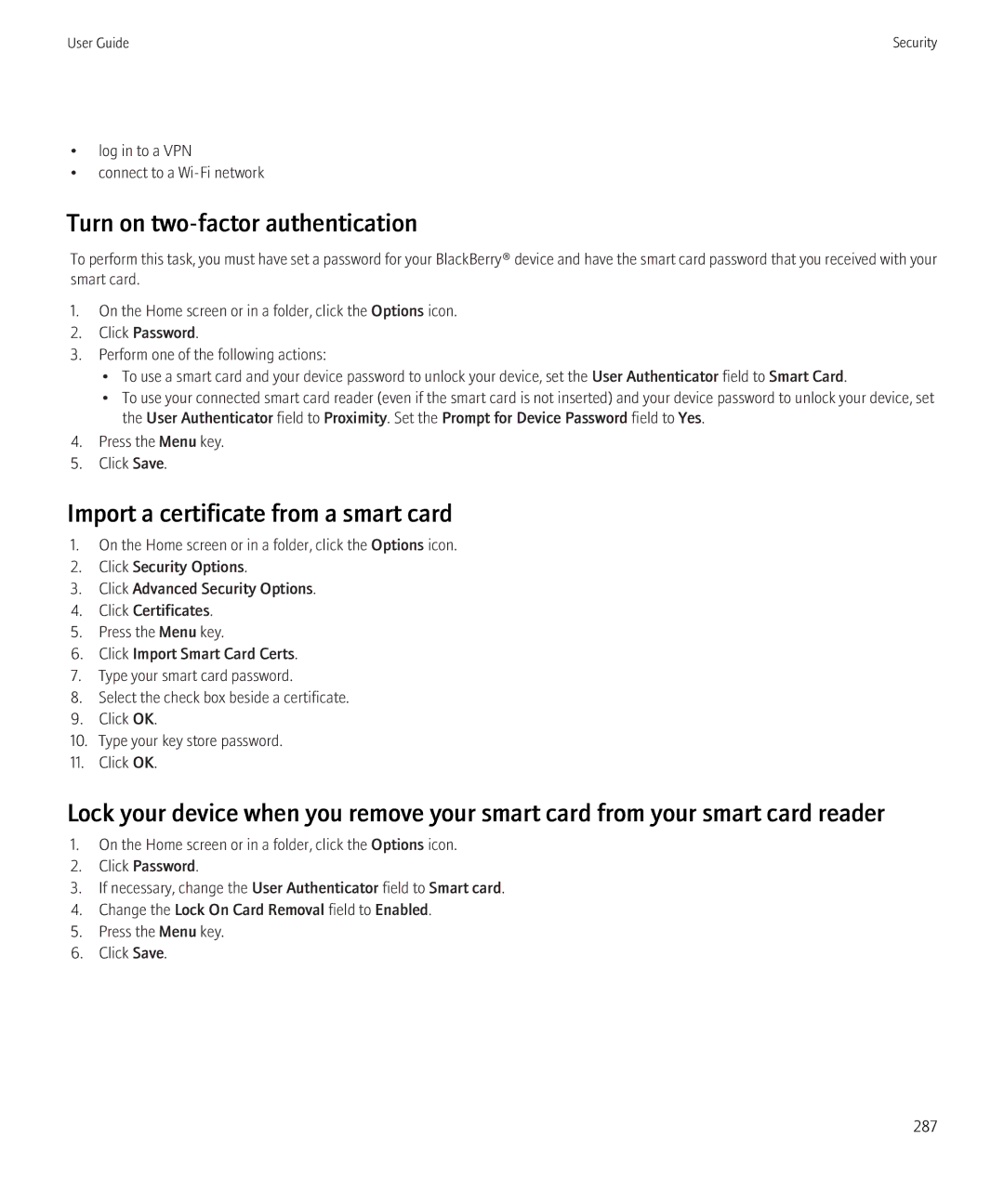 Blackberry 8910, 8900 manual Turn on two-factor authentication, Import a certificate from a smart card 