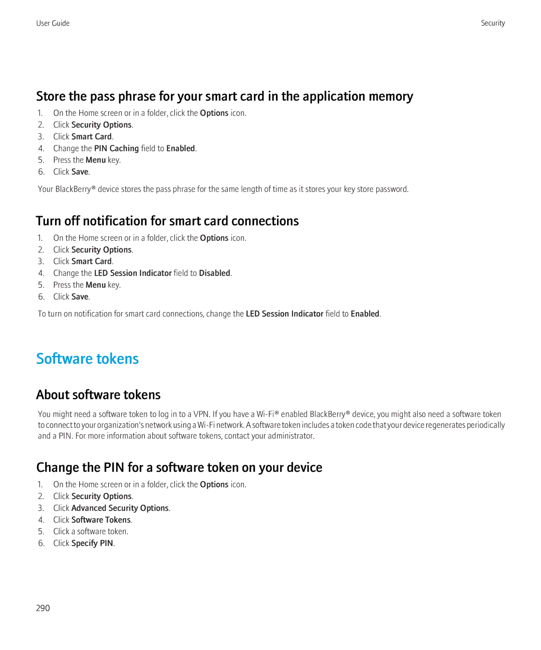 Blackberry 8900, 8910 manual Software tokens, Turn off notification for smart card connections, About software tokens 