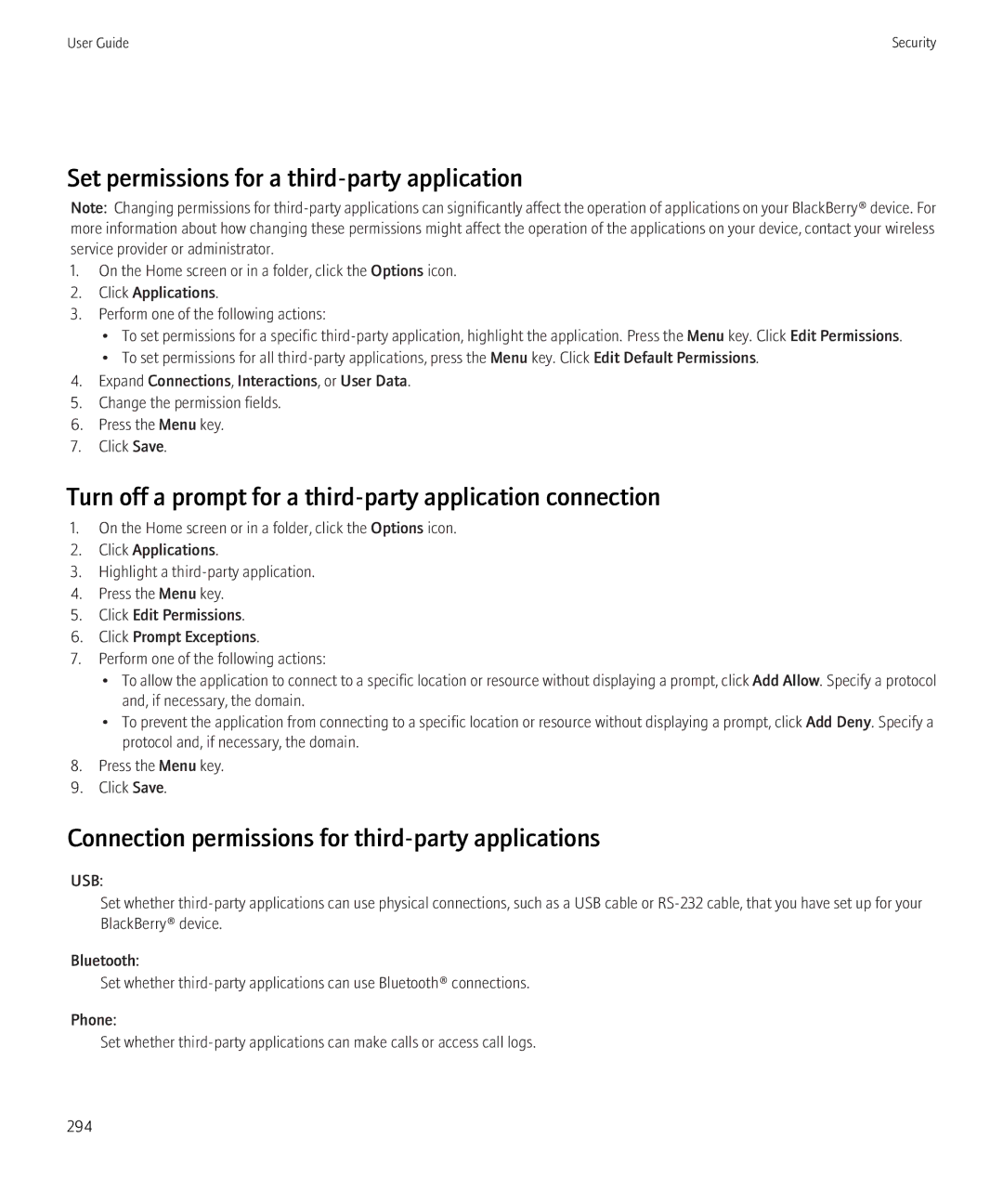 Blackberry 8900 Set permissions for a third-party application, Turn off a prompt for a third-party application connection 