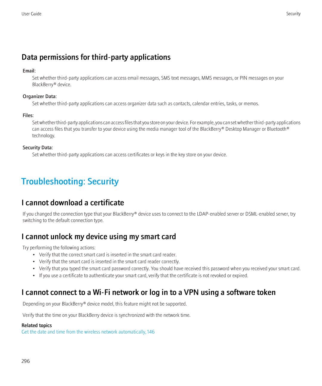 Blackberry 8900 Troubleshooting Security, Data permissions for third-party applications, Cannot download a certificate 