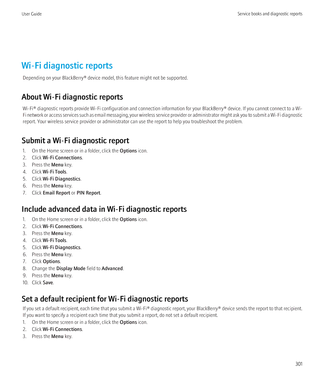 Blackberry 8910, 8900 manual About Wi-Fi diagnostic reports, Submit a Wi-Fi diagnostic report 