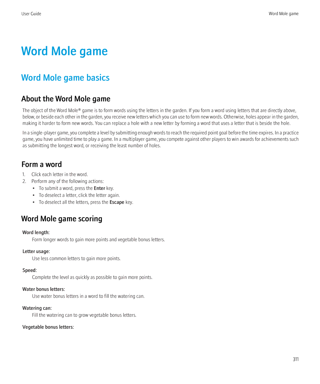 Blackberry 8910, 8900 manual Word Mole game basics, About the Word Mole game, Form a word, Word Mole game scoring 