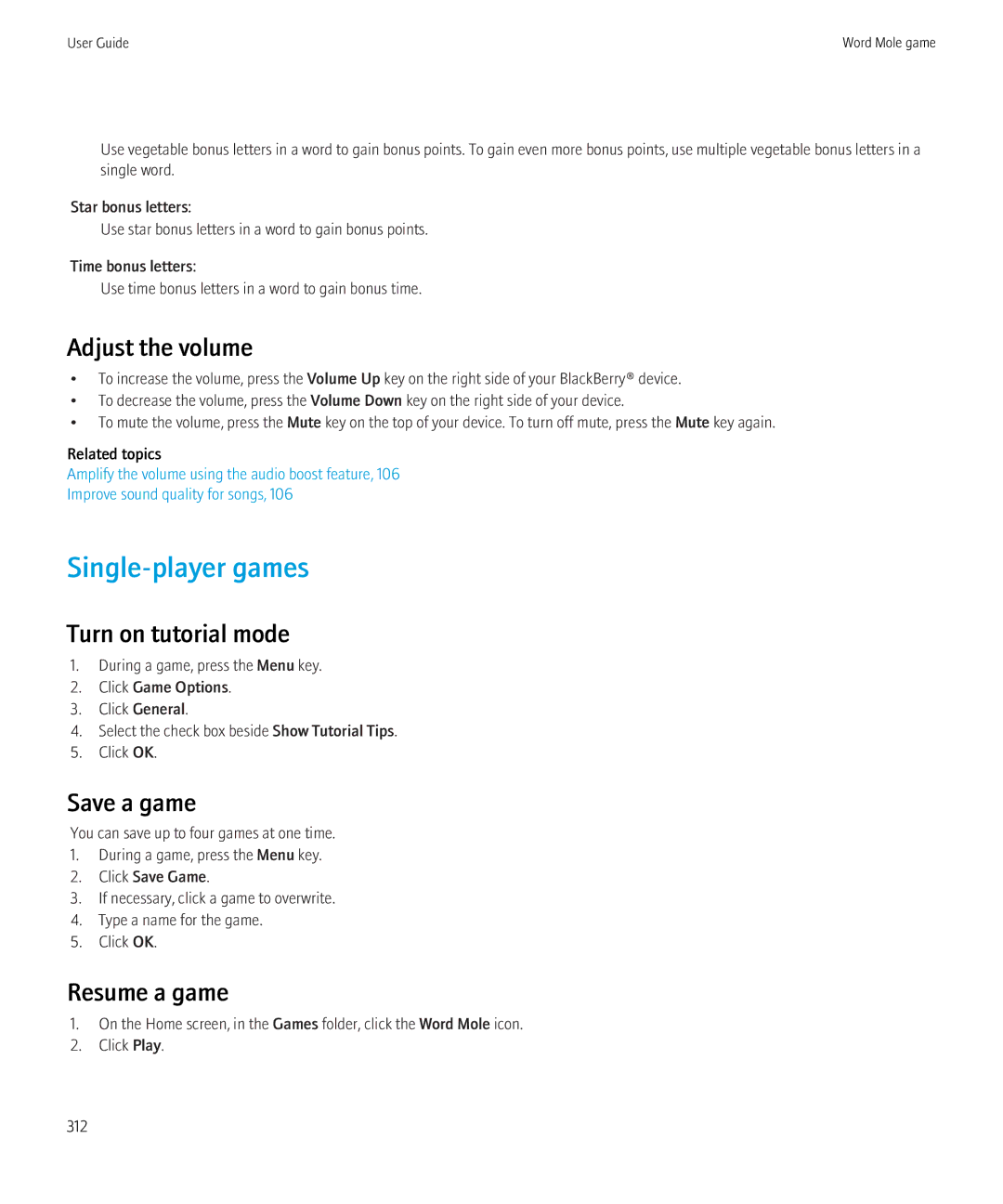 Blackberry 8900, 8910 manual Single-player games, Turn on tutorial mode, Save a game, Resume a game 