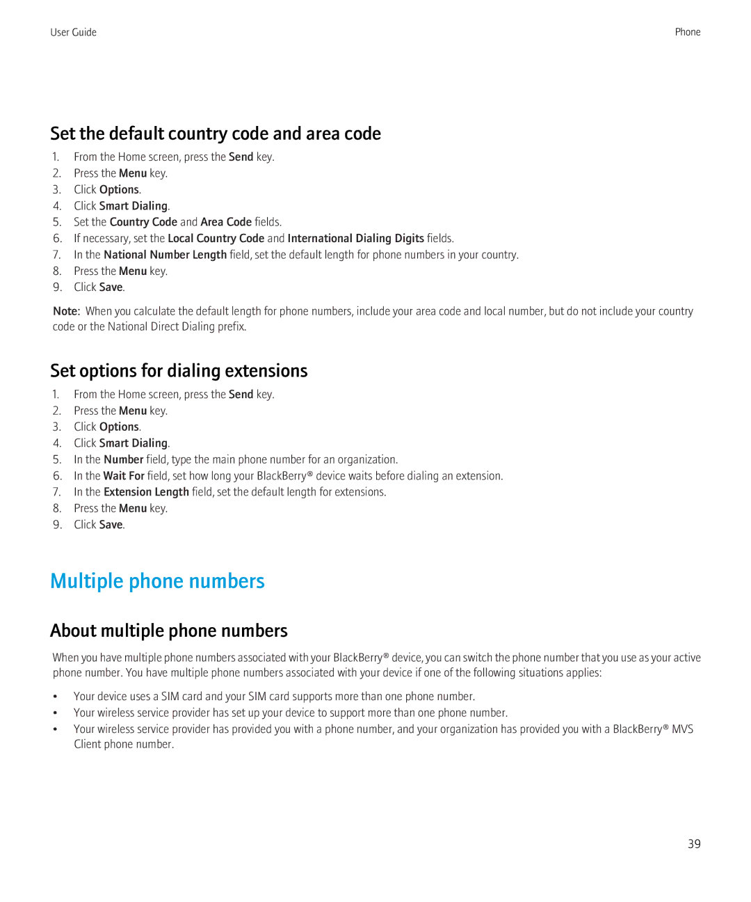 Blackberry 8910 Multiple phone numbers, Set the default country code and area code, Set options for dialing extensions 