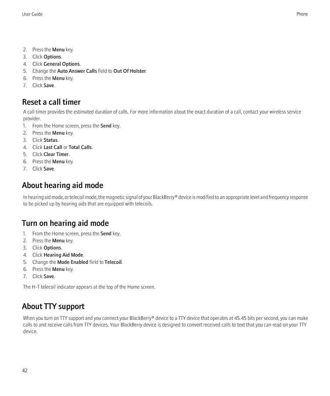 Blackberry 8900, 8910 manual Reset a call timer, About hearing aid mode, Turn on hearing aid mode, About TTY support 
