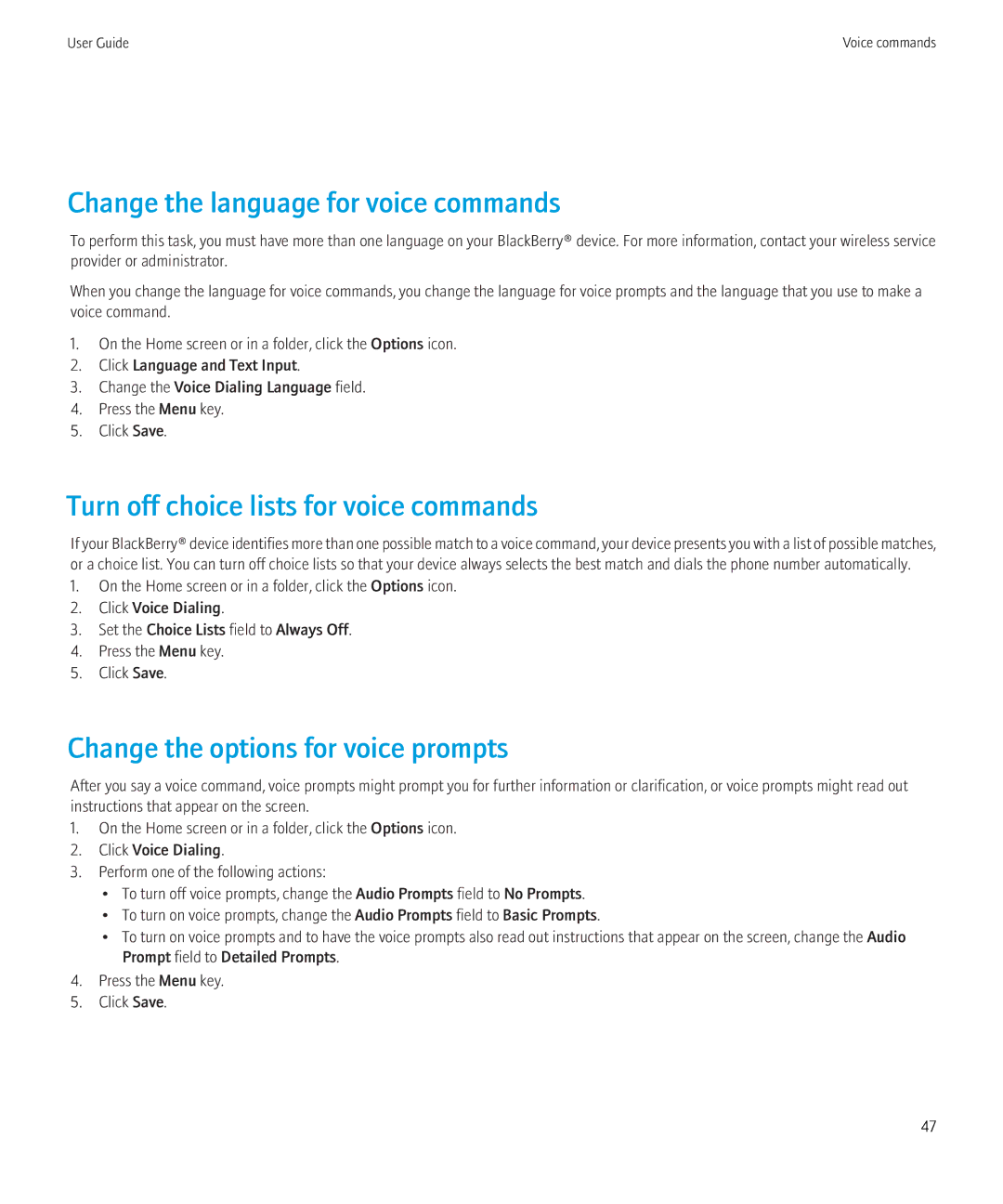 Blackberry 8910, 8900 manual Change the language for voice commands, Turn off choice lists for voice commands 
