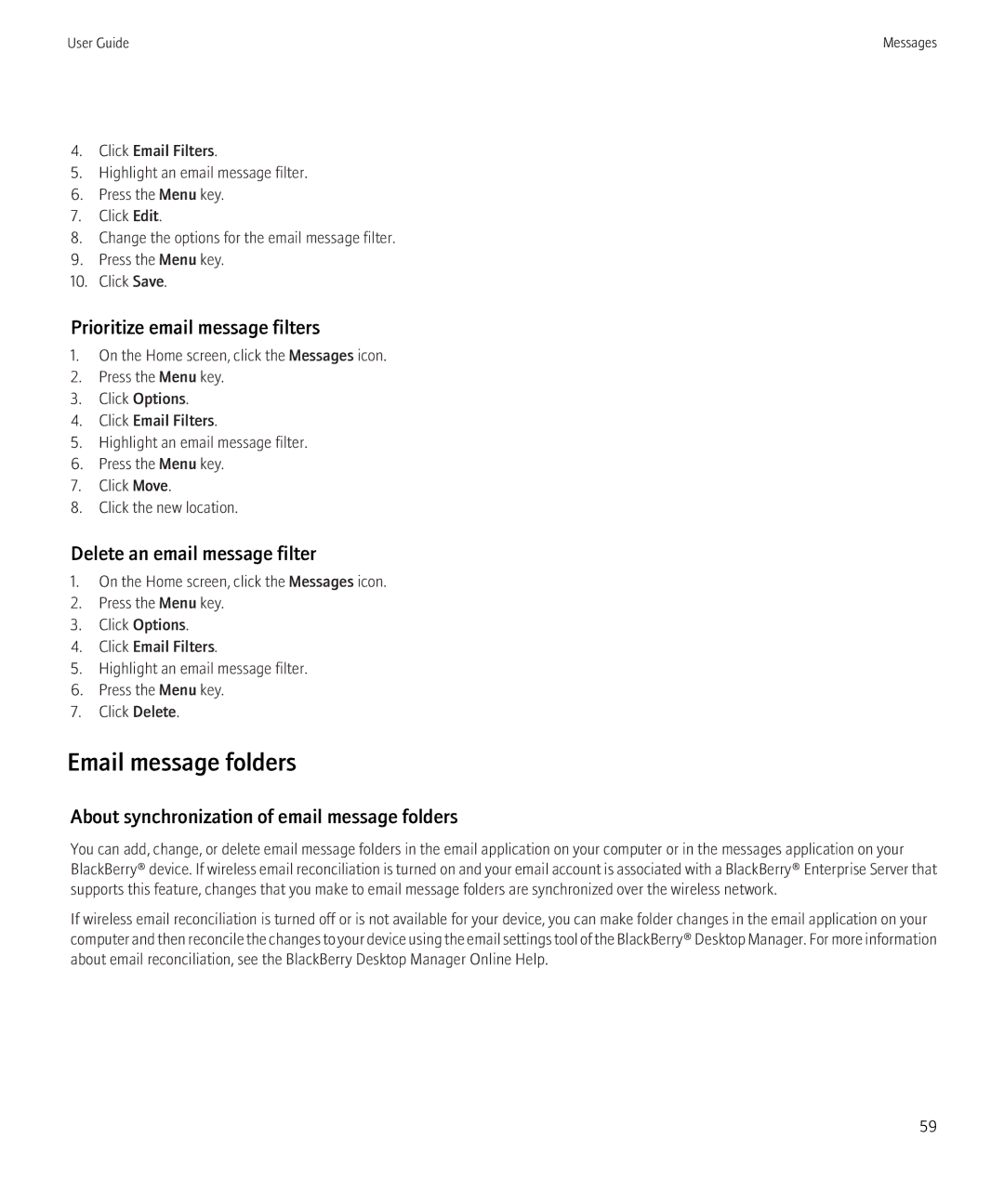 Blackberry 8910, 8900 manual Email message folders, Prioritize email message filters, Delete an email message filter 