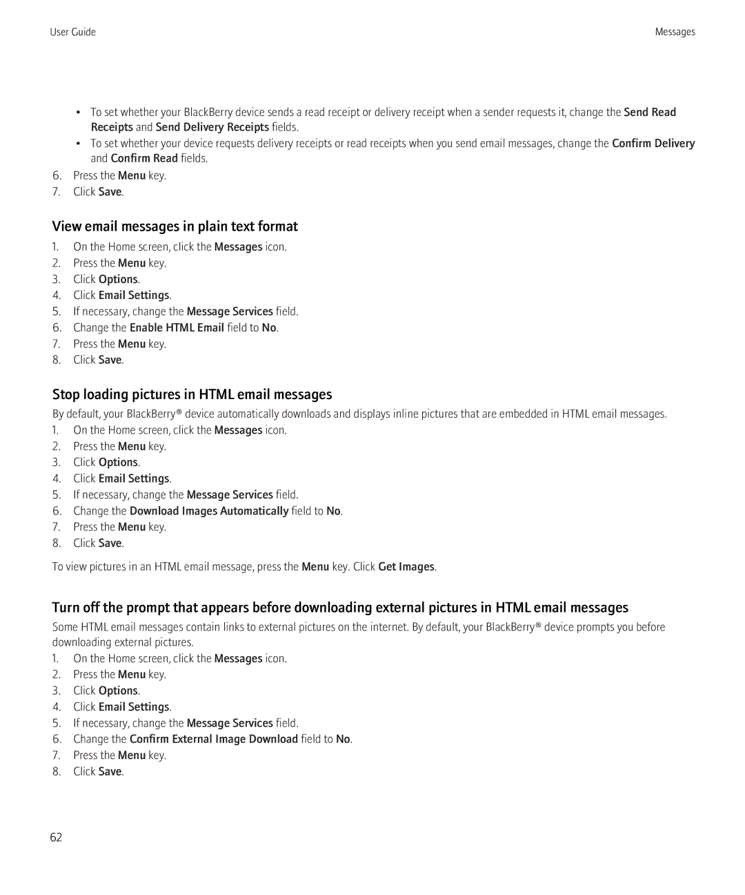 Blackberry 8900, 8910 manual View email messages in plain text format, Stop loading pictures in Html email messages 
