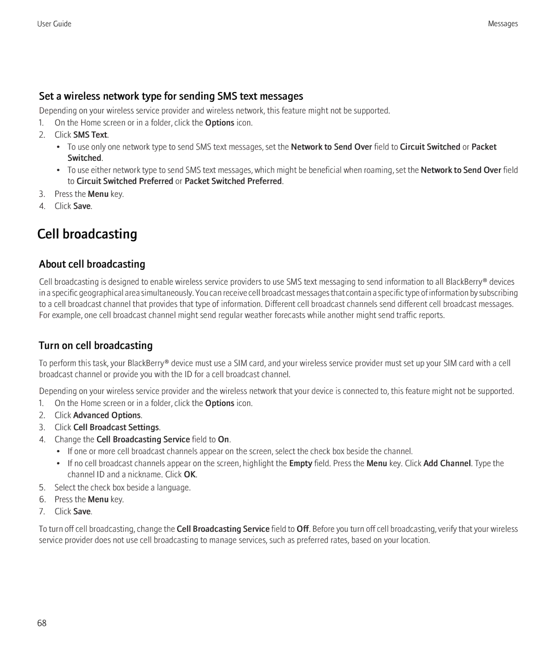 Blackberry 8900 Cell broadcasting, Set a wireless network type for sending SMS text messages, About cell broadcasting 