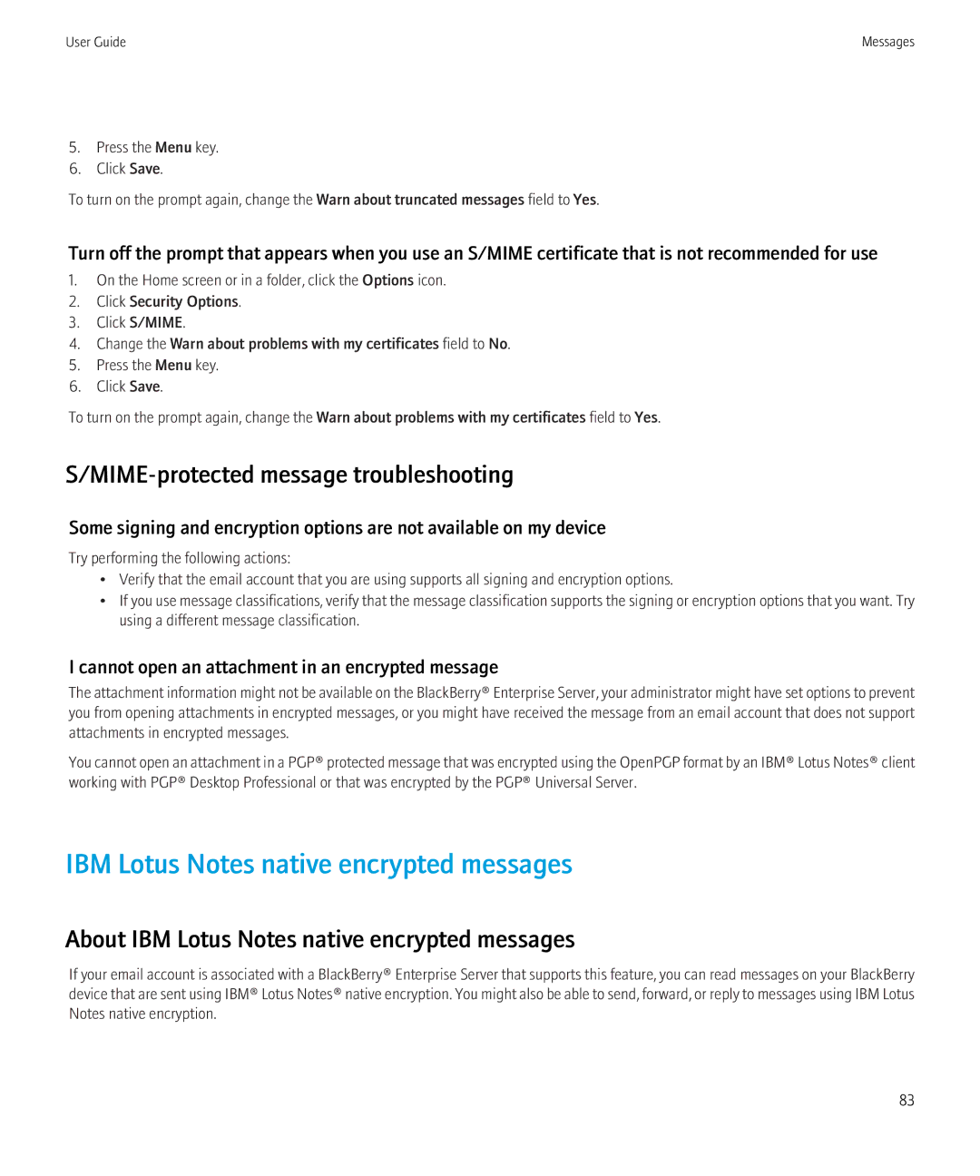 Blackberry 8910, 8900 manual IBM Lotus Notes native encrypted messages, MIME-protected message troubleshooting 