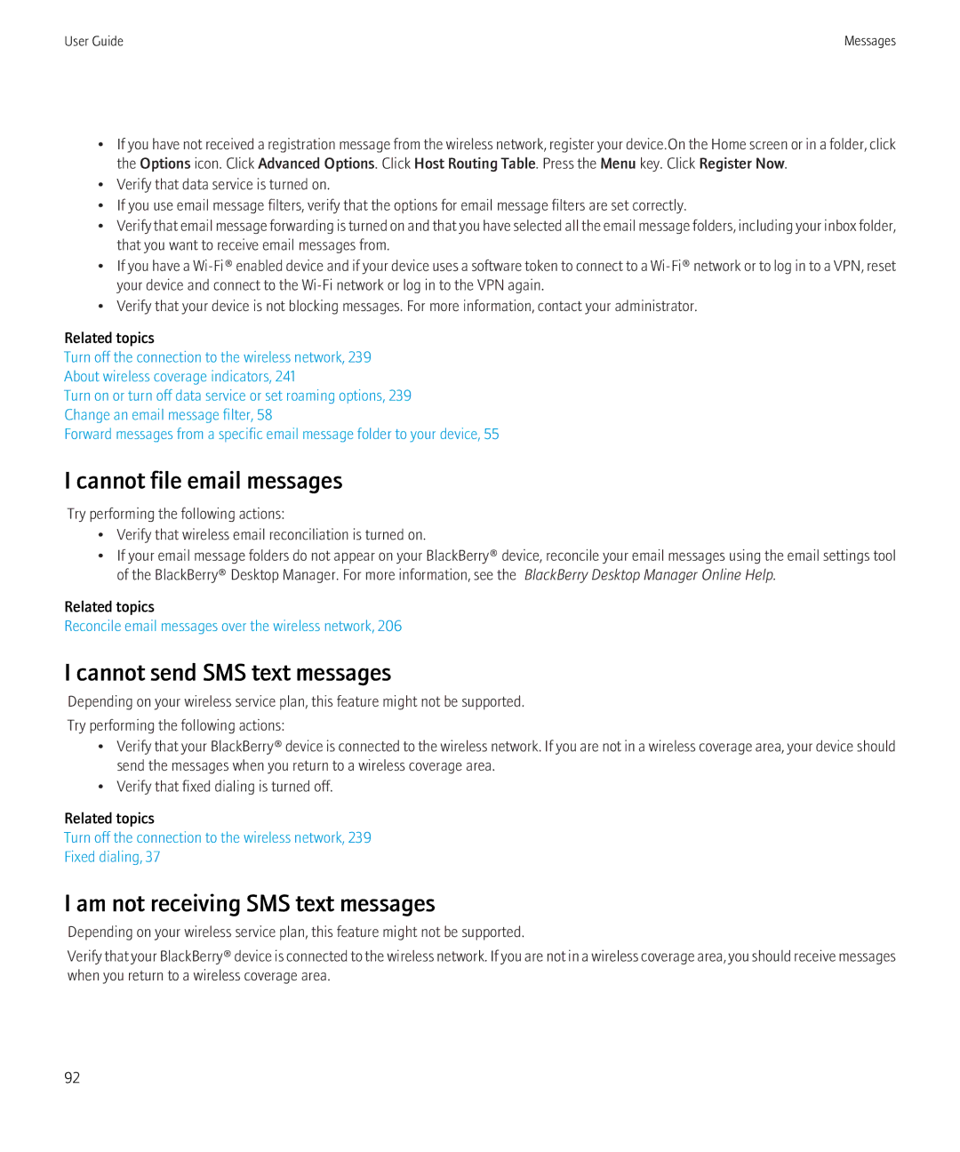 Blackberry 8900, 8910 manual Cannot file email messages, Am not receiving SMS text messages 