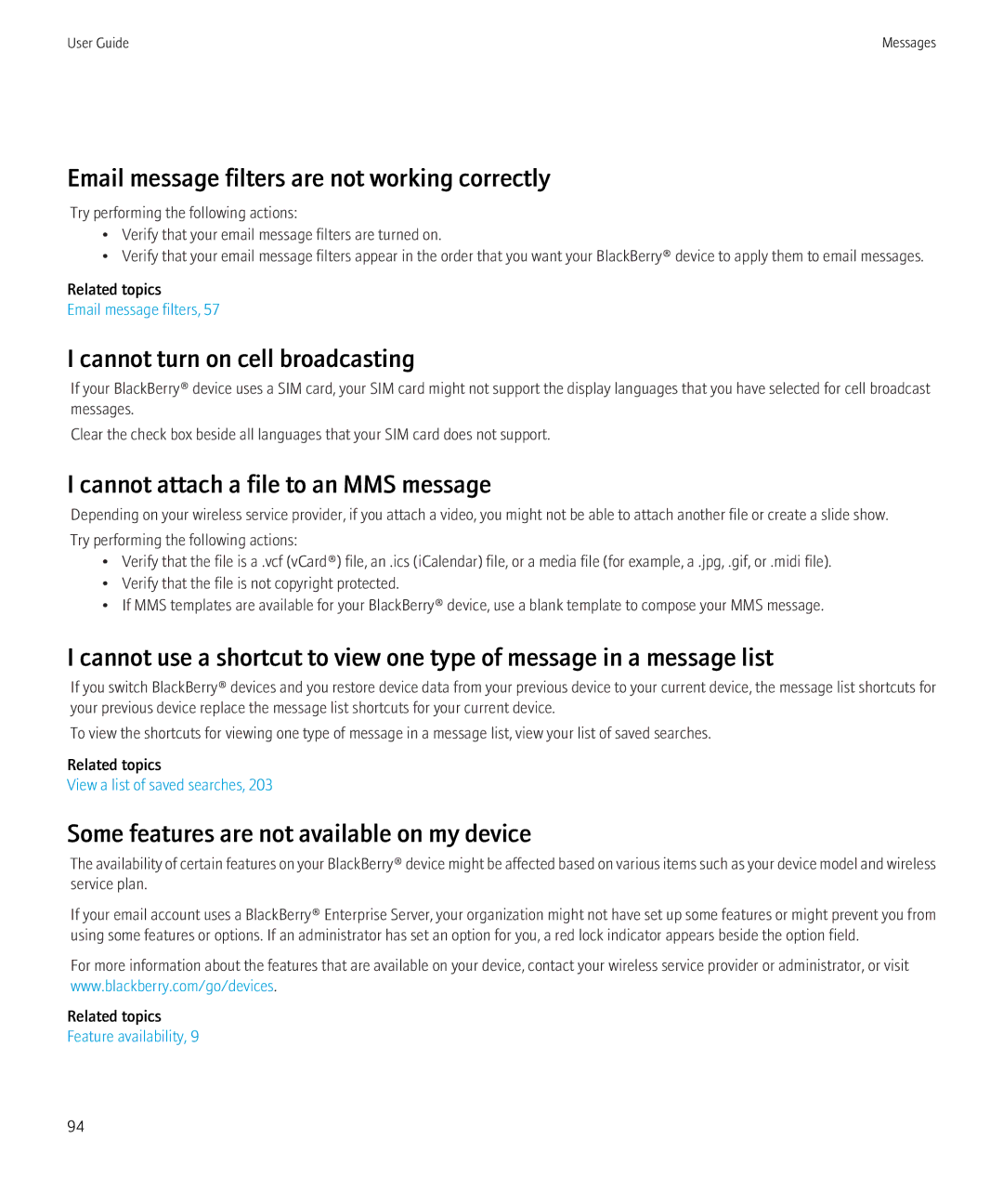 Blackberry 8900, 8910 manual Email message filters are not working correctly, Cannot turn on cell broadcasting 