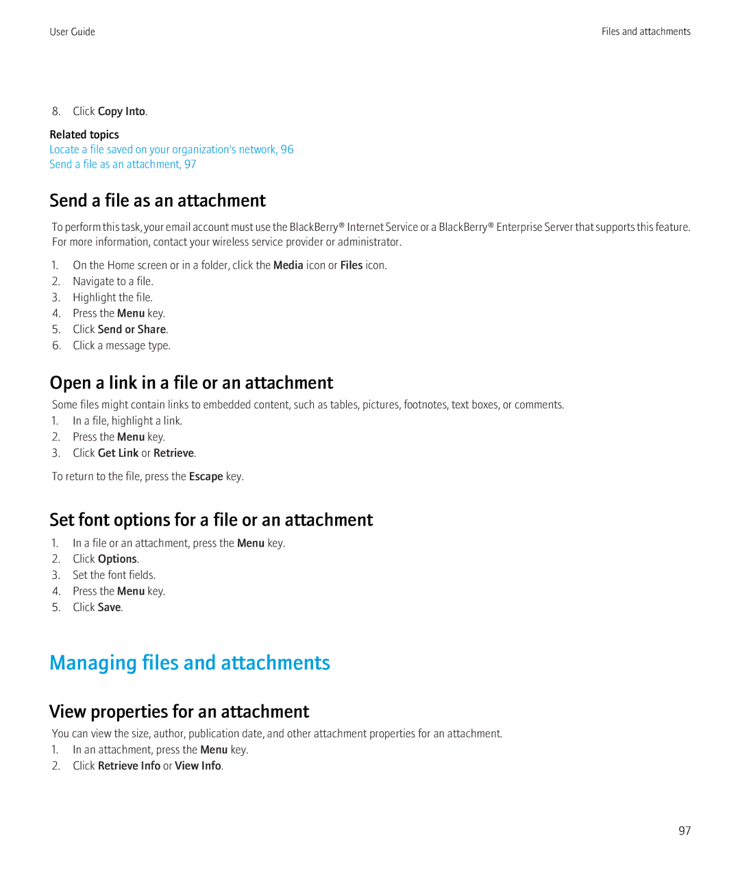 Blackberry 8910, 8900 Managing files and attachments, Send a file as an attachment, Open a link in a file or an attachment 