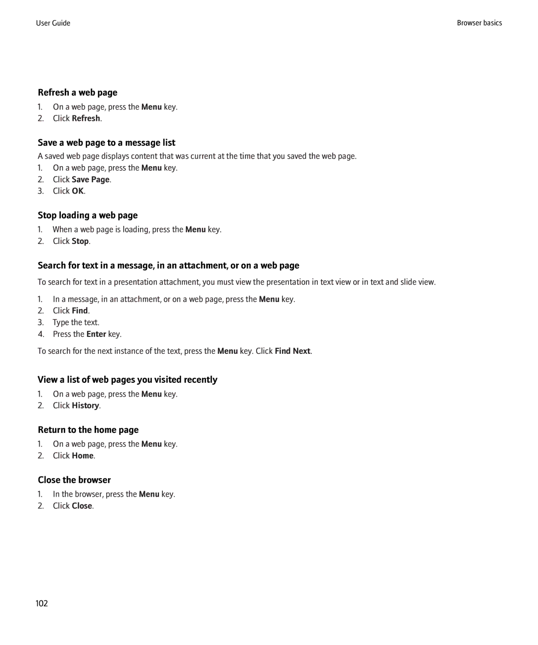 Blackberry 8900 manual Refresh a web, Save a web page to a message list, Stop loading a web, Return to the home 