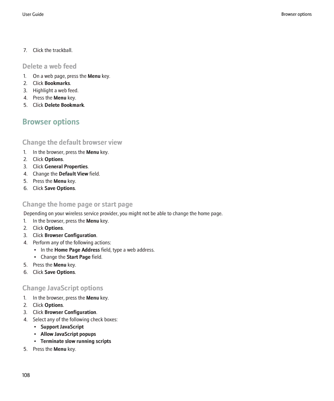Blackberry 8900 manual Browser options, Delete a web feed, Change the default browser view, Change the home page or start 