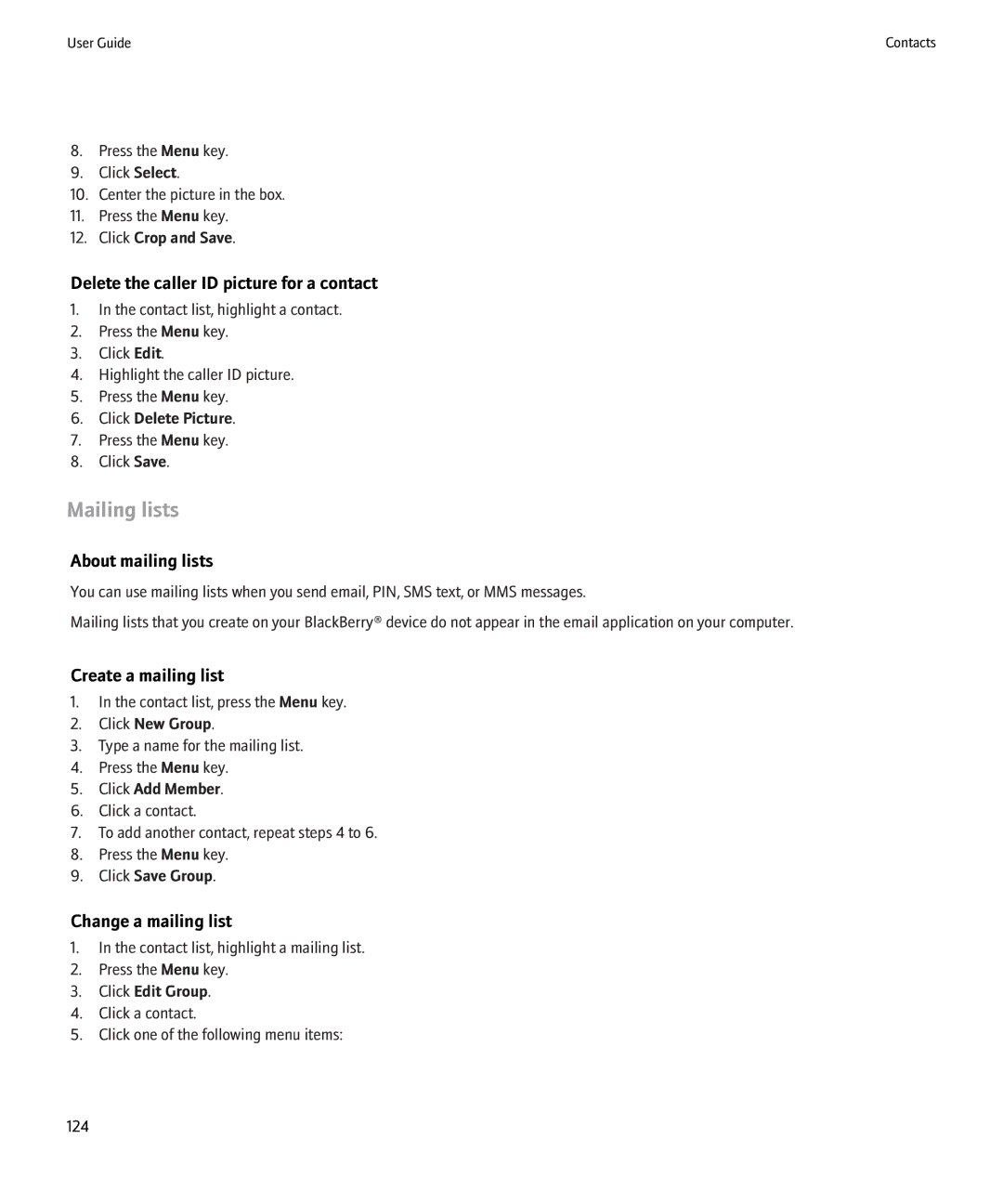 Blackberry 8900 Mailing lists, Delete the caller ID picture for a contact, About mailing lists, Create a mailing list 