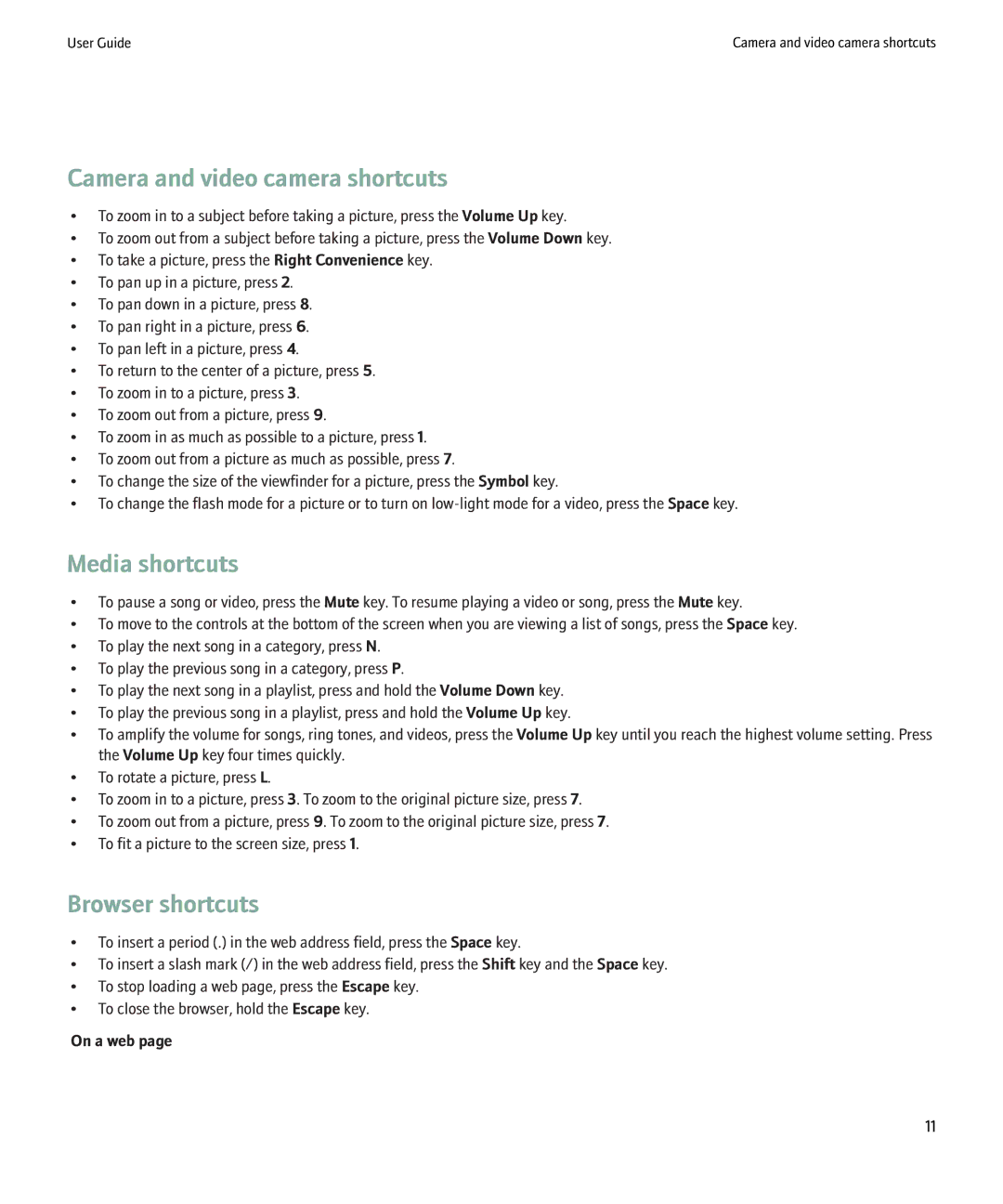 Blackberry 8900 manual Camera and video camera shortcuts, Media shortcuts, Browser shortcuts, On a web 