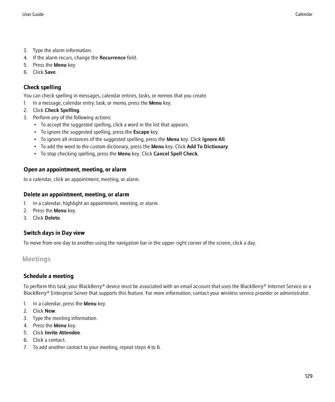Blackberry 8900 manual Meetings, Open an appointment, meeting, or alarm, Delete an appointment, meeting, or alarm 
