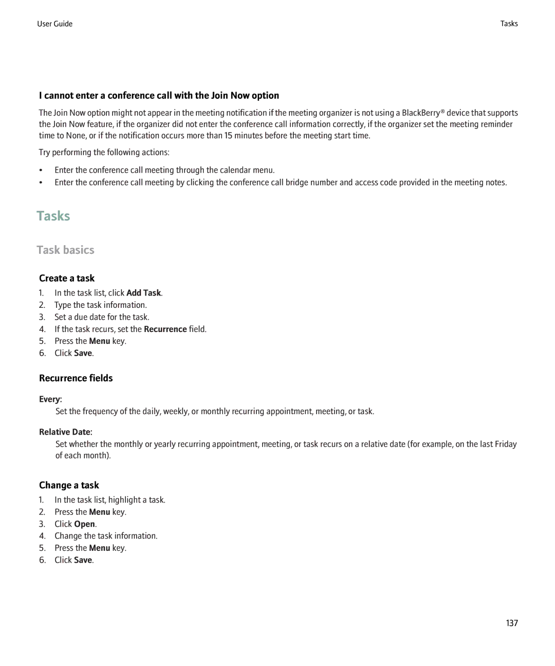 Blackberry 8900 Tasks, Task basics, Cannot enter a conference call with the Join Now option, Create a task, Change a task 